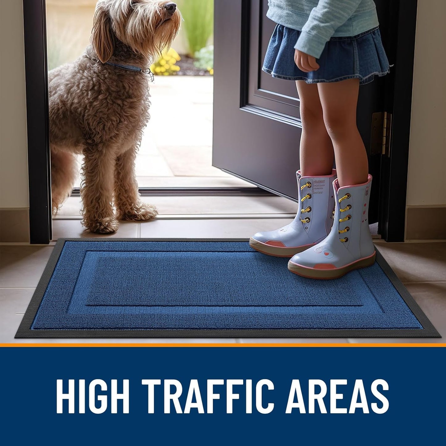 OLANLY Waterproof All-Season Front Door Mat - Sturdy Natural Rubber, Low Profile, Easy Clean | 29.5x17, Navy Blue