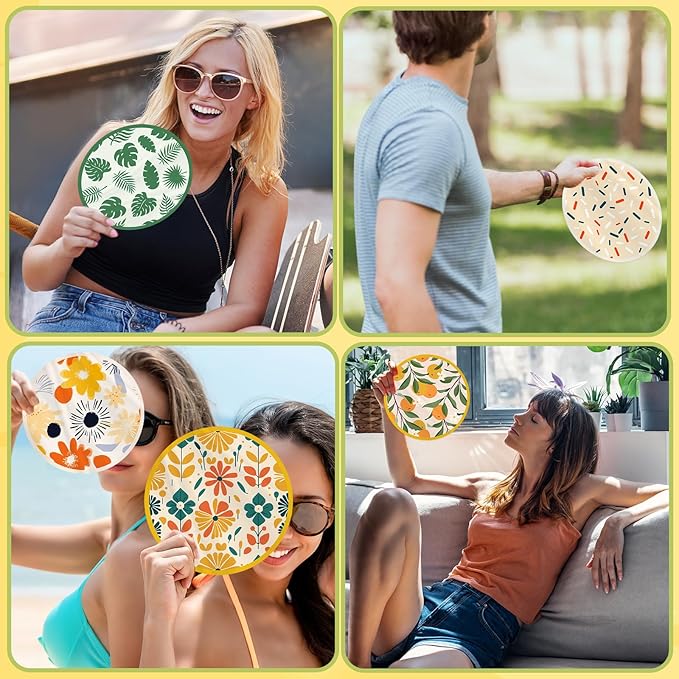 Mototo Foldable Flying Disc Fans, 36PCS Foldable Disc Fan 8 Inch Pop up Round Collapsible Hand Fan Bulk with Pouch for Women Purse Travel Beach Game Wedding Party Favor Decoration, 6 Abstract Style