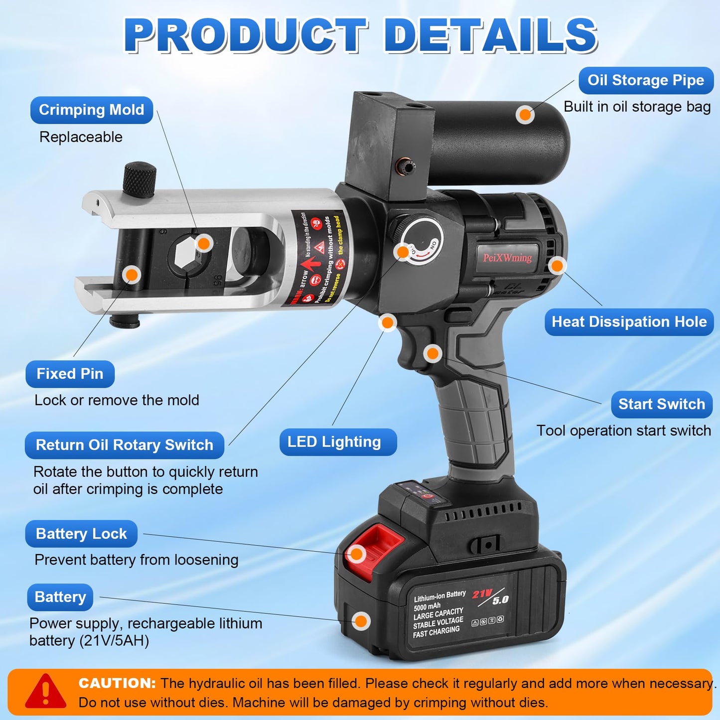 Electric Hydraulic Cable Lug Crimping Tool - 90KN 12 Dies (8 AWG to 600 MCM), Handheld Battery Cable Lug Crimper Kits with 2 Large-Capacity Lithium Battery 21V/5.0Ah, Rechargeable Portable Crimper