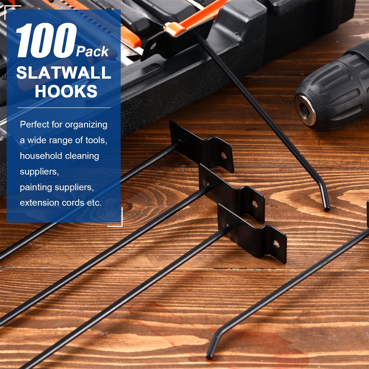 Moxweyeni 100 Pack Slatwall Hooks Panel Display Hooks Slat Board Peg Accessories Heavy Duty Hanging Shelf Brackets Metal Hangers for Garage Shop Retail Display(6 and 8 Inch,Black)