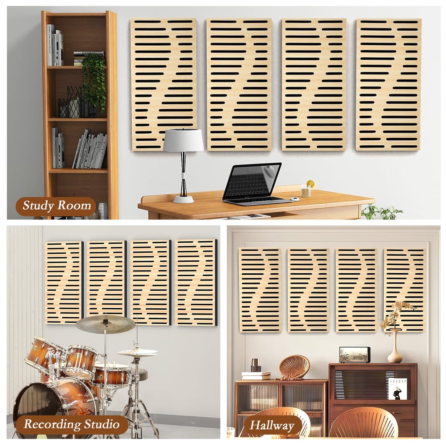 4Pack Acoustic Wall Panel Self-Adhesive Soundproof Foam Panels for Wall, 3D Perforated Tri-Layer Polyester Fiber Decorative Acoustic Insulation for Recording Studio, Office, 24×12×1.78", Regular-Line
