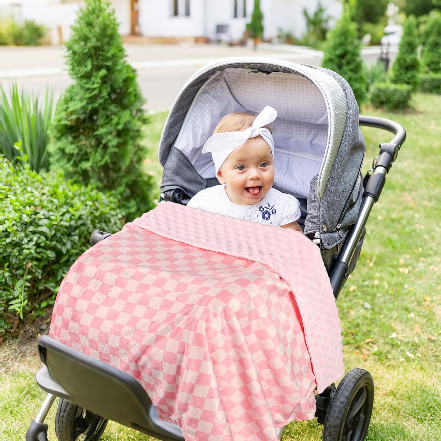 Skiennix Baby Blanket - Double Layer Toddler Blanket with Dotted Backing | Pink Checkered, 30x40 Inches