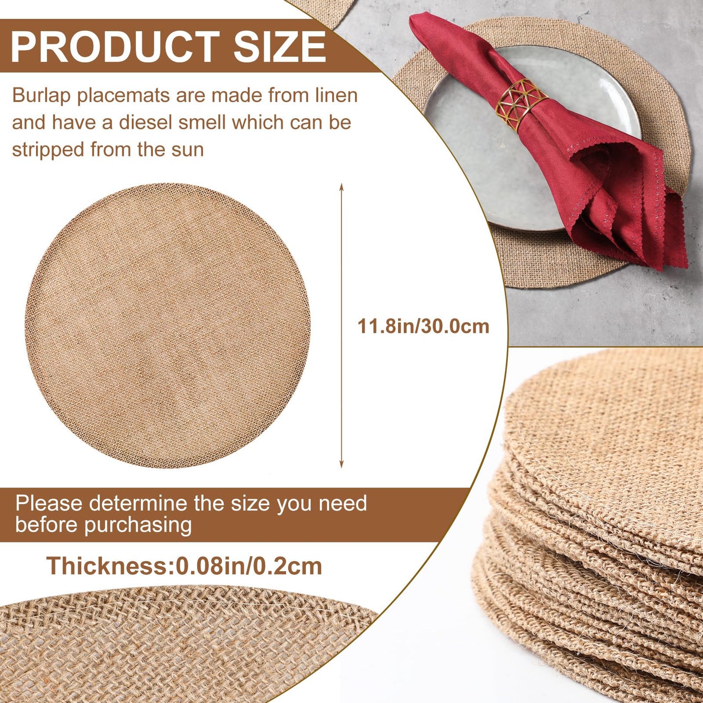Yunlly Set of 48 Round Burlap Placemats Bulk Burlap Farmhouse Placemats Set Heat Resistant Table Mats Circle Jute Charger Place Mats for Wedding Holiday Dinner Rustic Table Decorations(11.8 in,Brown)