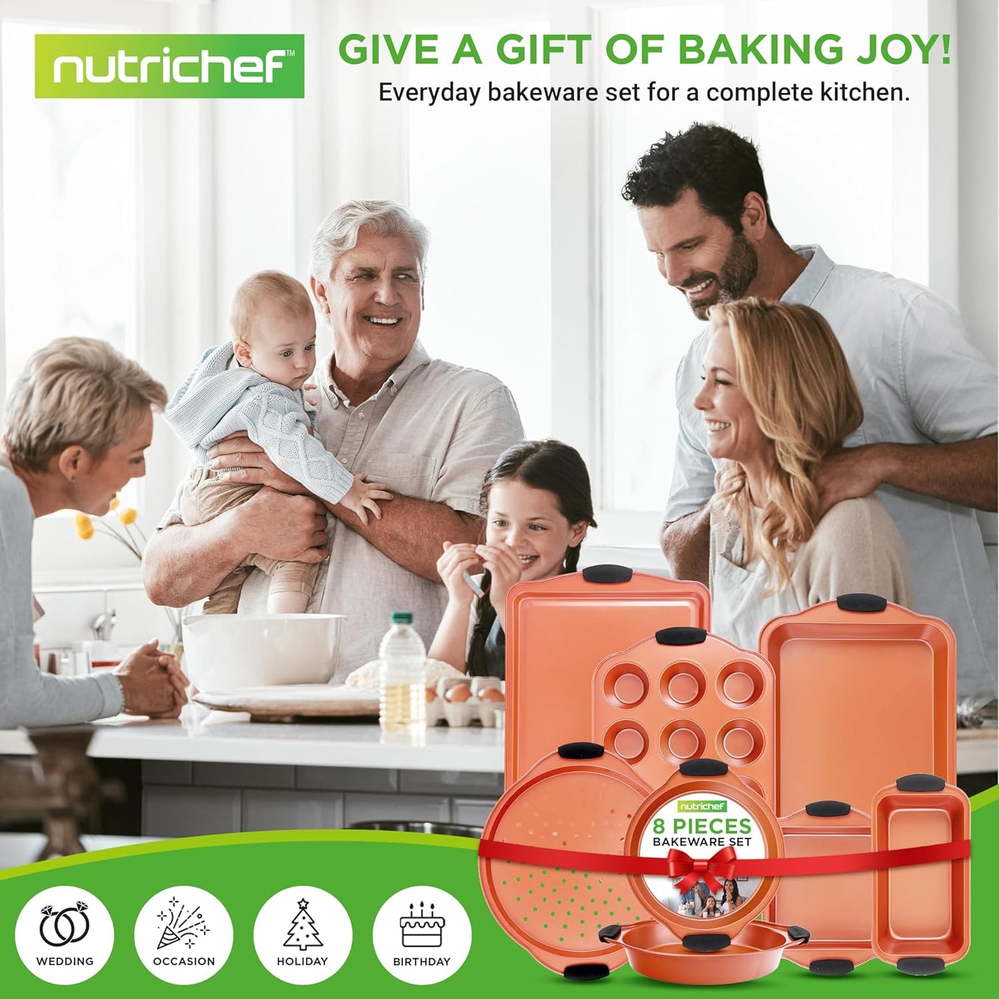 NutriChef 8-Piece Nonstick Baking Pans Set - Durable Carbon Steel Bakeware with Heat-Safe Handles - Rose Gold