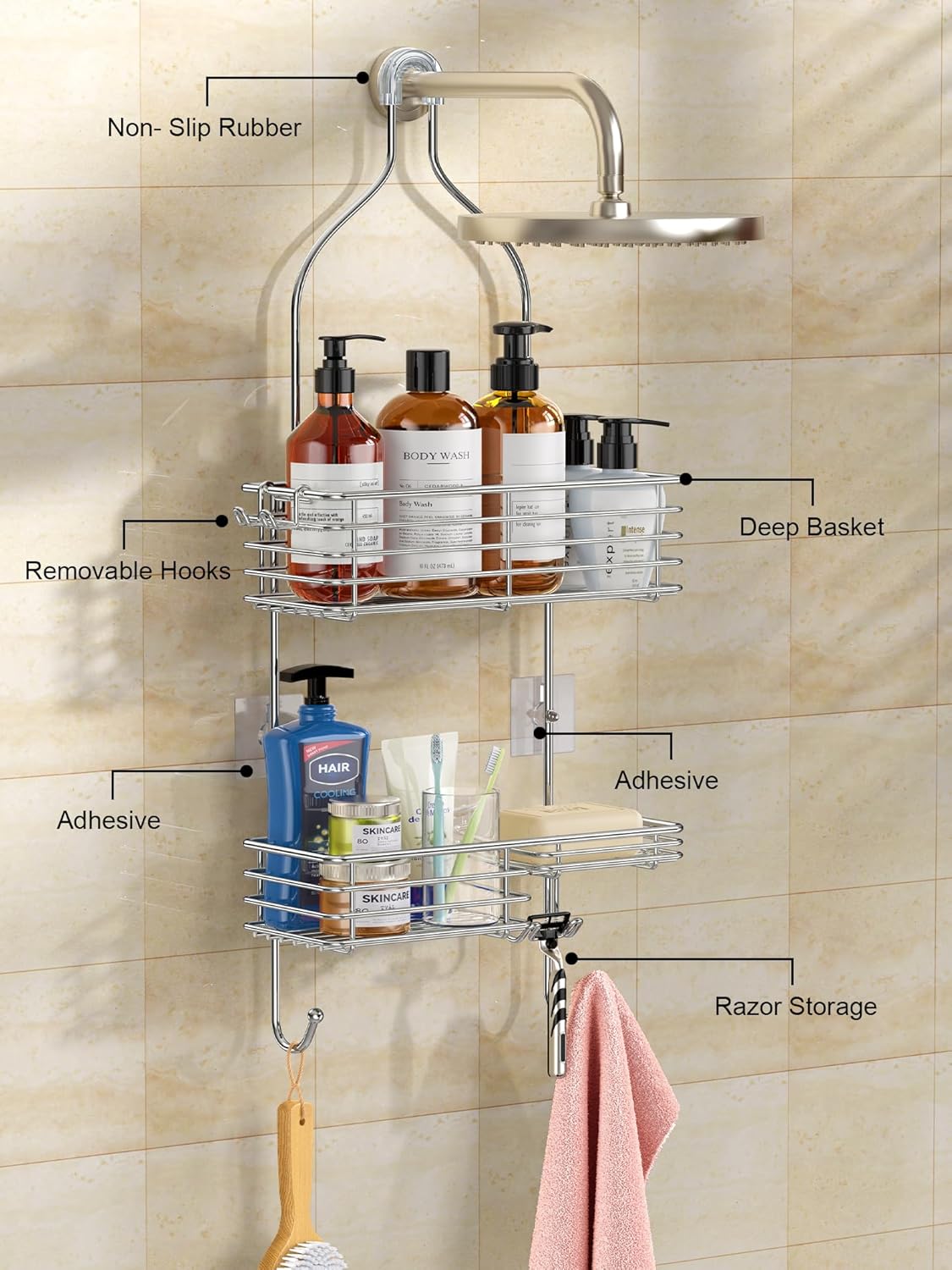 SMARTAKE Shower Head Caddy - Rustproof Stainless Steel Organizer for Bathroom Storage | Silver