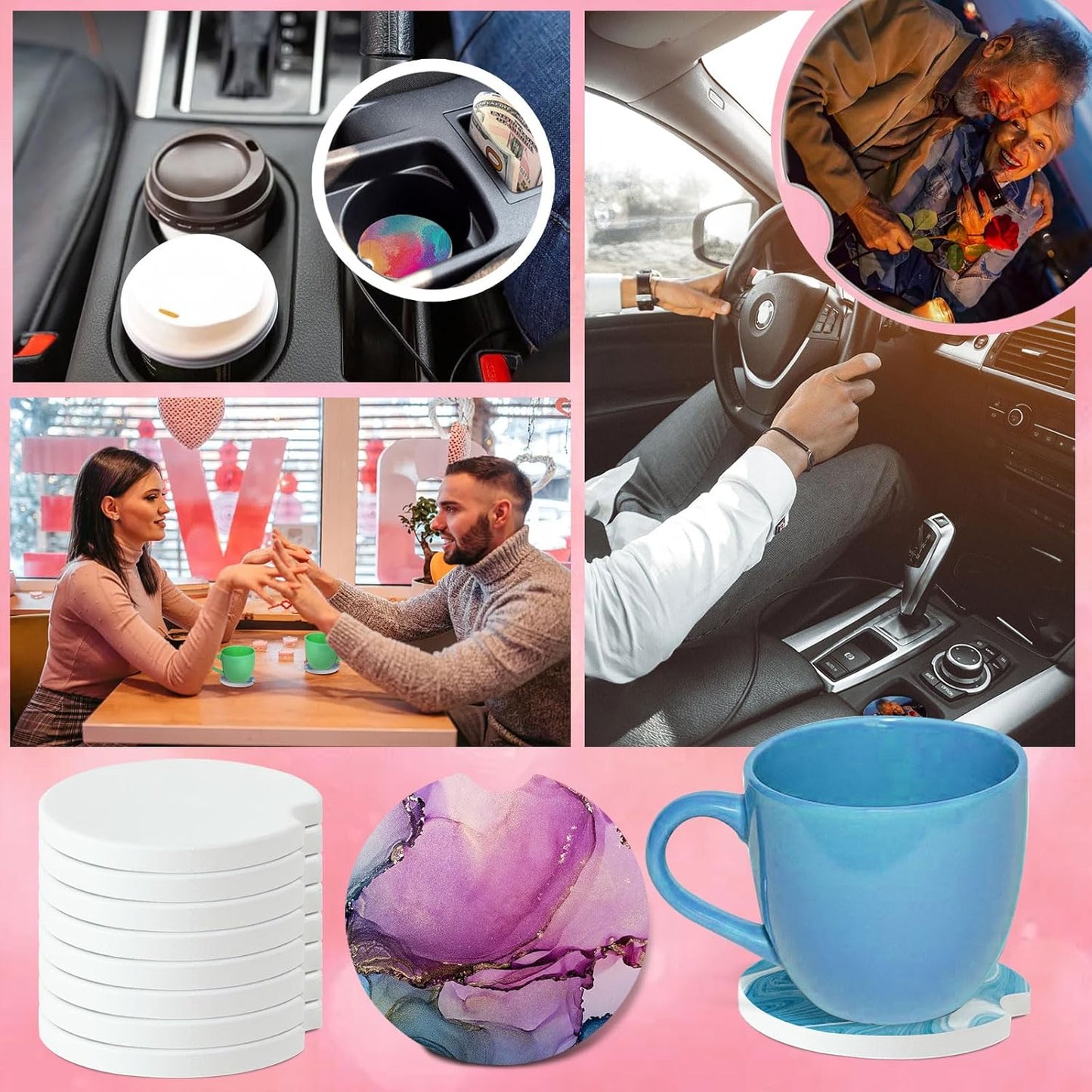Skiennix Ceramic Car Coasters - Sublimation Blanks with Finger Notch for Easy Removal | 12-Pack