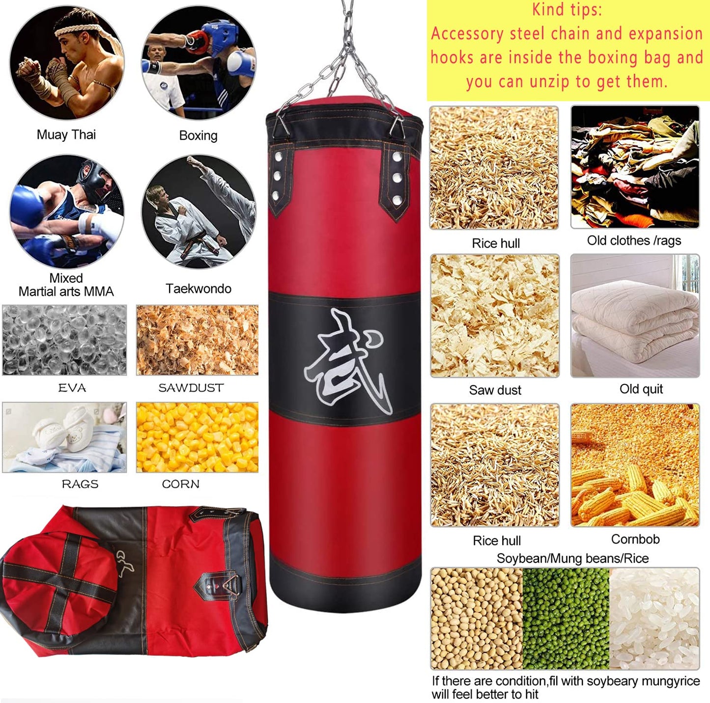 ZERUIDM Hanging Punching Bag Set Unfilled, Heavy Boxing Bag for Adults, Kickboxing Boxing Set with Hand Wraps, Punching Bag Hangers, for MMA Muay Thai Karate Taekwondo Training
