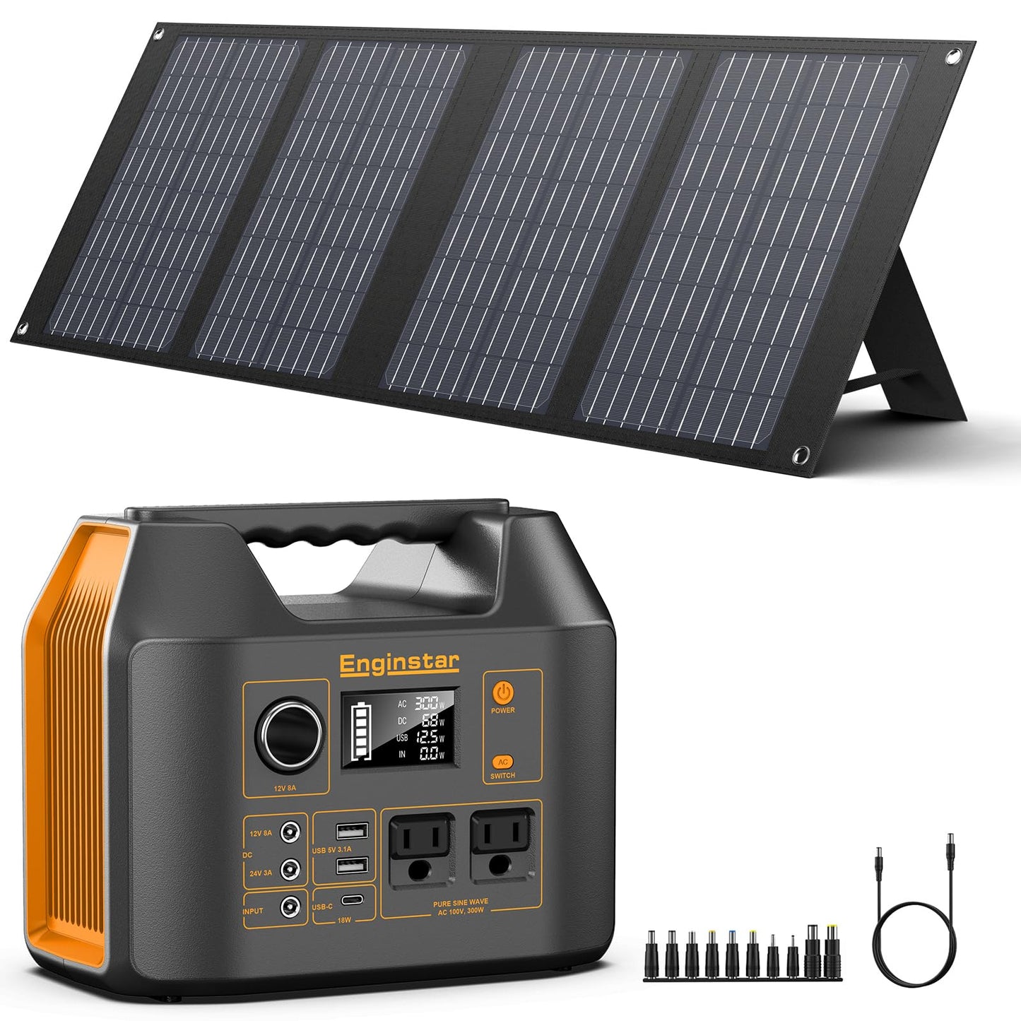 Portable Solar Generator, 300W Portable Power Station with Foldable 40W Solar Panel, 110V Pure Sine Wave, 296Wh Lithium Battery Pack with DC AC Outlet for Home Use RV Outdoor Camping Adventure