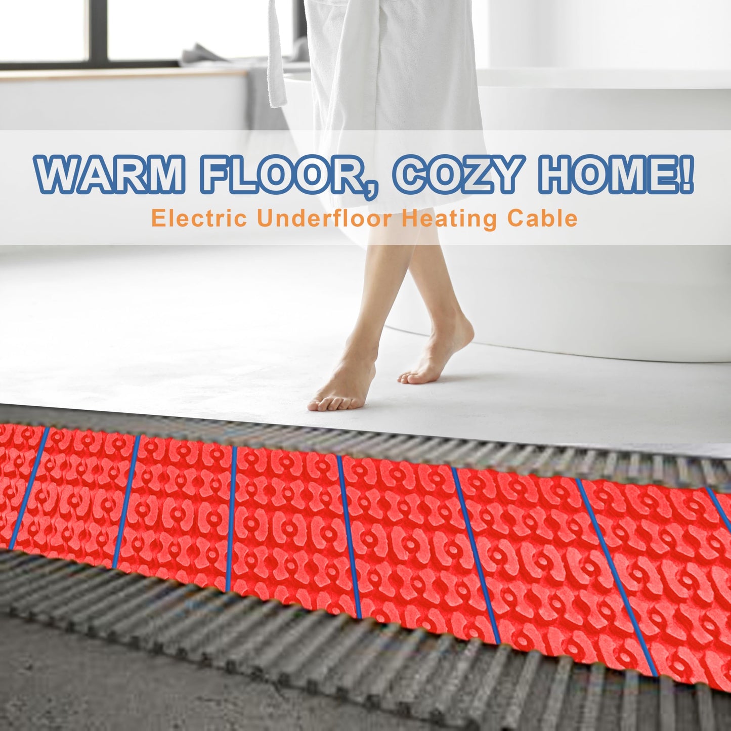 Electric Heated Floor Cable Underfloor Heating System Kit with Cable Guide, Alarm Monitor for Indoor Installation 120 V, 25 Sqft