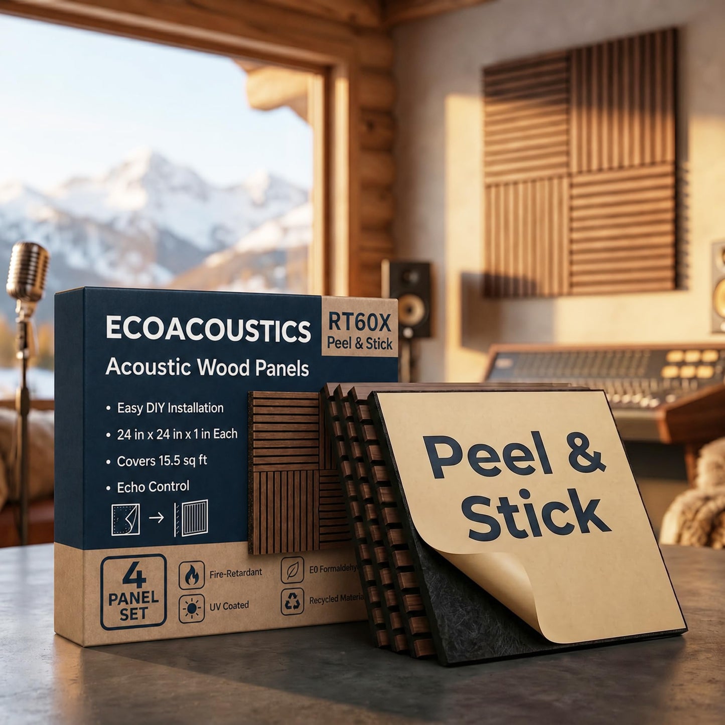 ECOACOUSTICS RT60X Peel & Stick Acoustic Wood Panels, 4-Pack 24"x24"x1" | Easy Install Sound Absorbing Wall Tiles for Home, Studio & Gaming | Fire-Retardant, Durable Design, Self-Adhesive