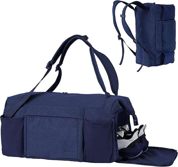 Gym Bag for Men with 2 Upgraded Bottle Holders Convertible Duffle Bag and Gym Backpack Waterproof Sports Bags with Shoes Compartment and Wet Pocket - Dark Blue