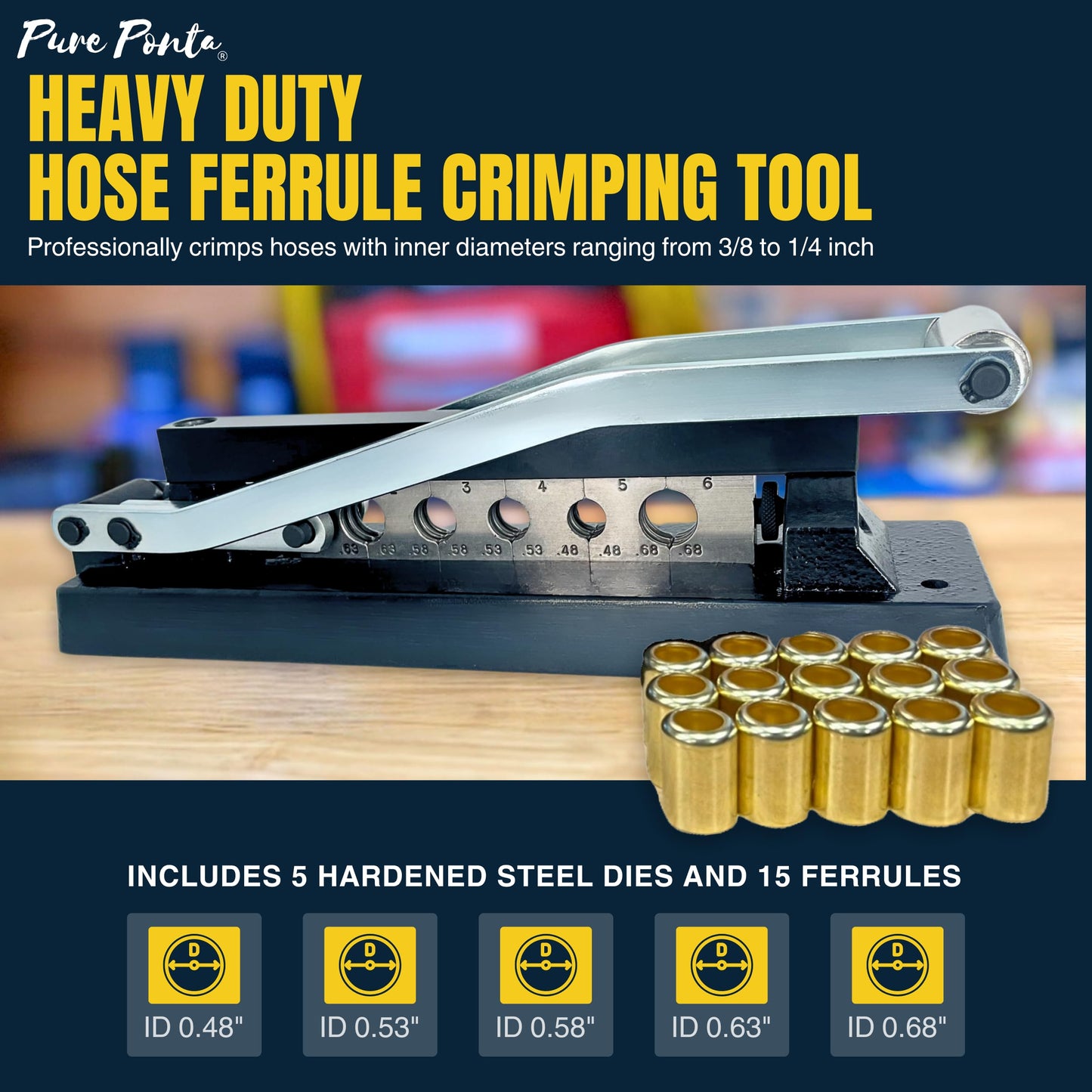 Pure Ponta Heavy Duty Ferrule Crimping Tool Air Hose Repair Kit for 3/8, 5/16, 1/4 inch ID Hoses, Crimper w/ 5 Hardened Steel Dies & 15 Ferrules Fittings, Torch & Compressor Crimpers