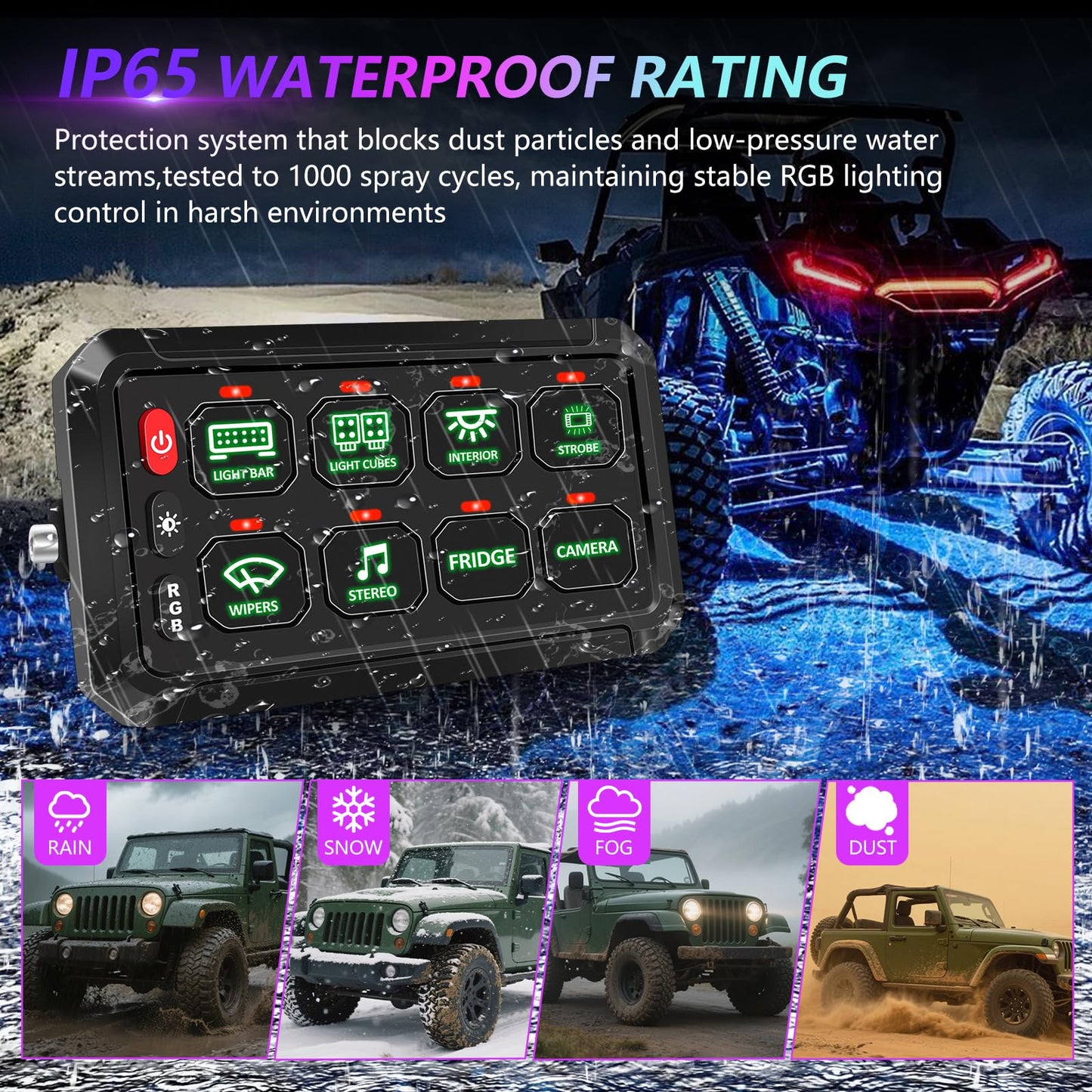 Chelhead 8 Gang RGB Switch Panel 12V Switch Toggle Momentary Pulsed 8 Circuit Control Relay Waterproof Compatible with Bus Car UTV ATV SUV Jeep Golf Cart Off-Road