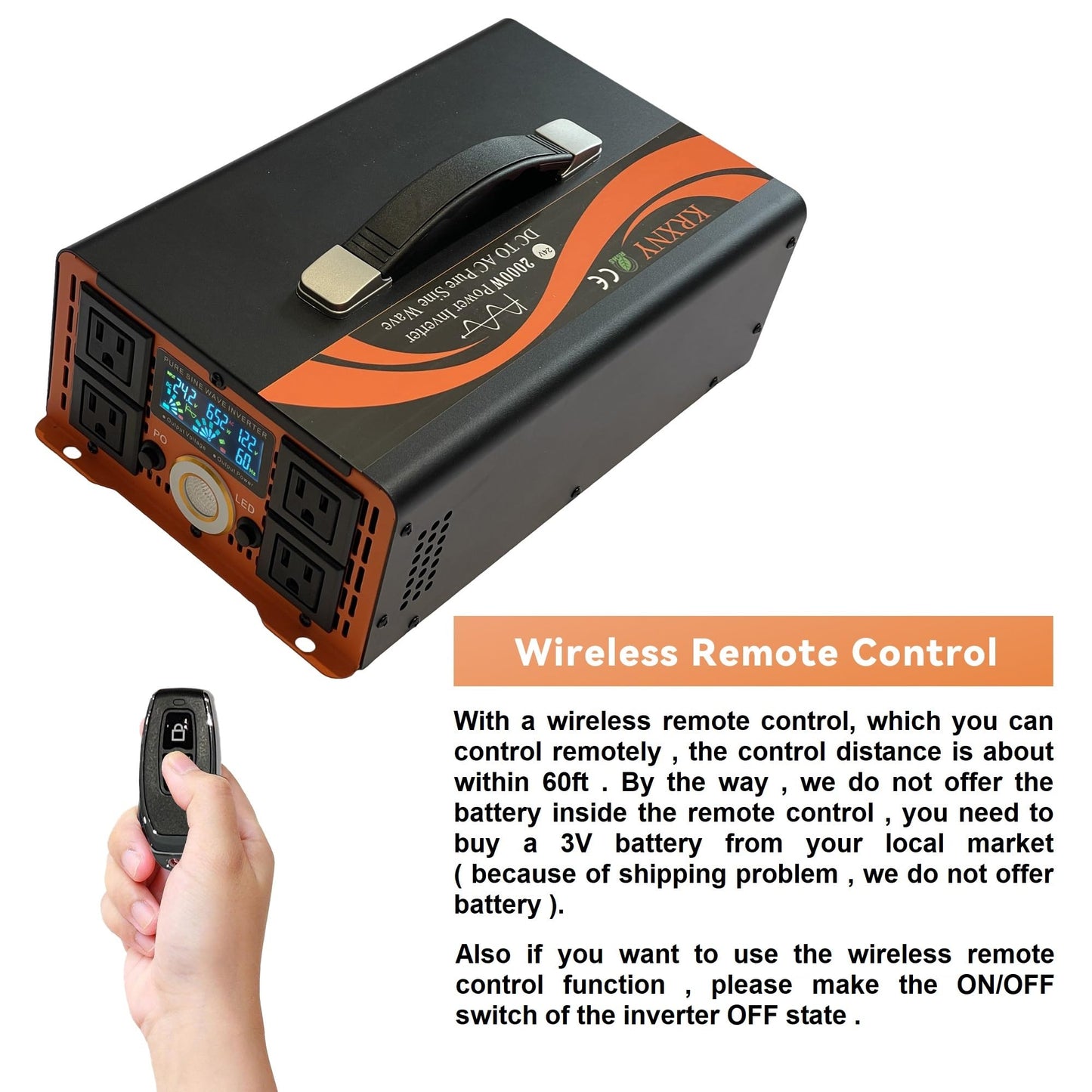 KRXNY 2000W Power Inverter Converter 24V DC to 110V 120V AC Pure Sine Wave LCD Display for Car Truck RV Camping Off Grid Home Solar System with Handle