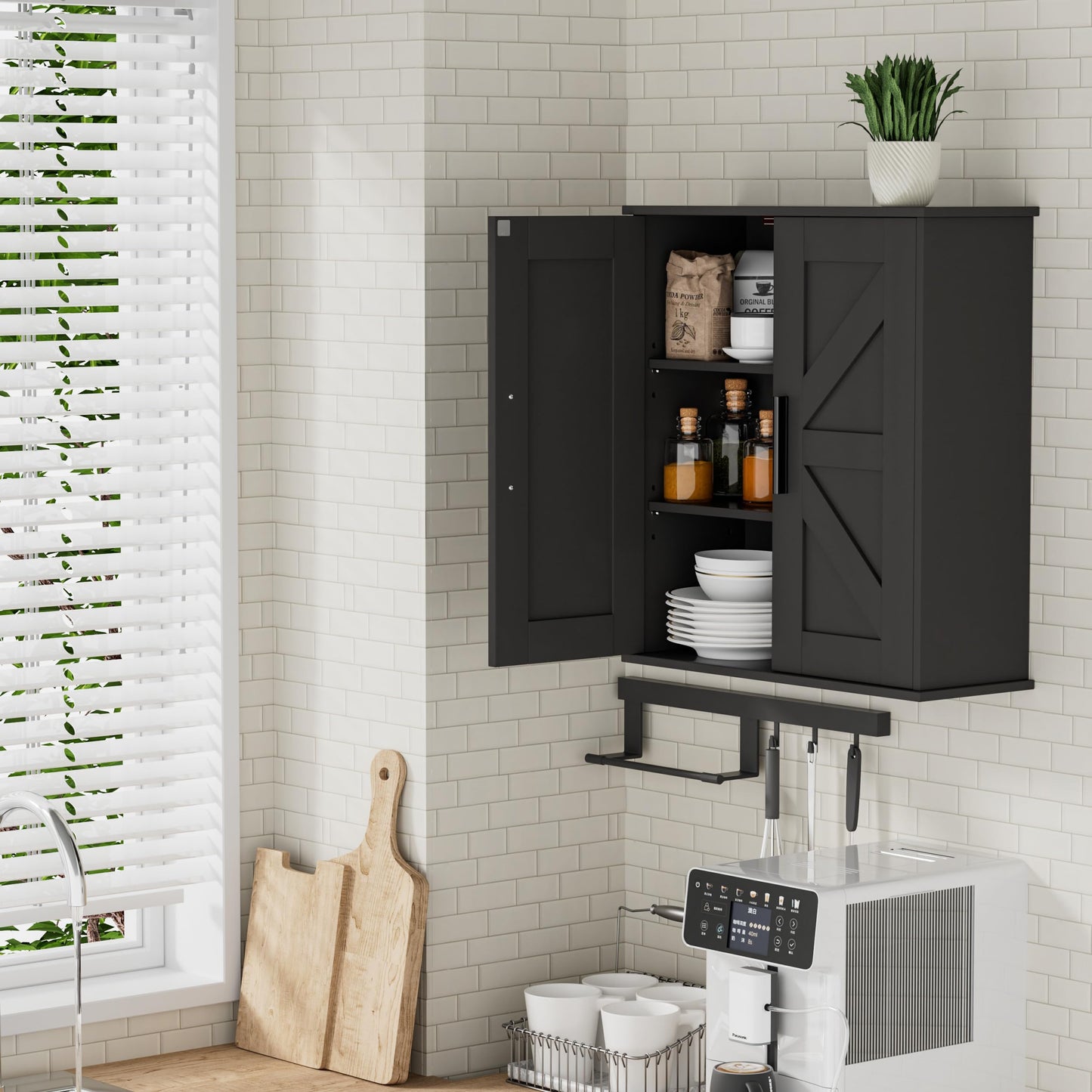 Homleke Bathroom Wall Cabinet, Over Toilet Storage Cabinet with Barn Doors and Adjustable Shelves, 3-Tier Medicine Cabinet Wall Mounted, for Bathroom, Kitchen, Entryway, Laundry Room, Black, (7.9" D)