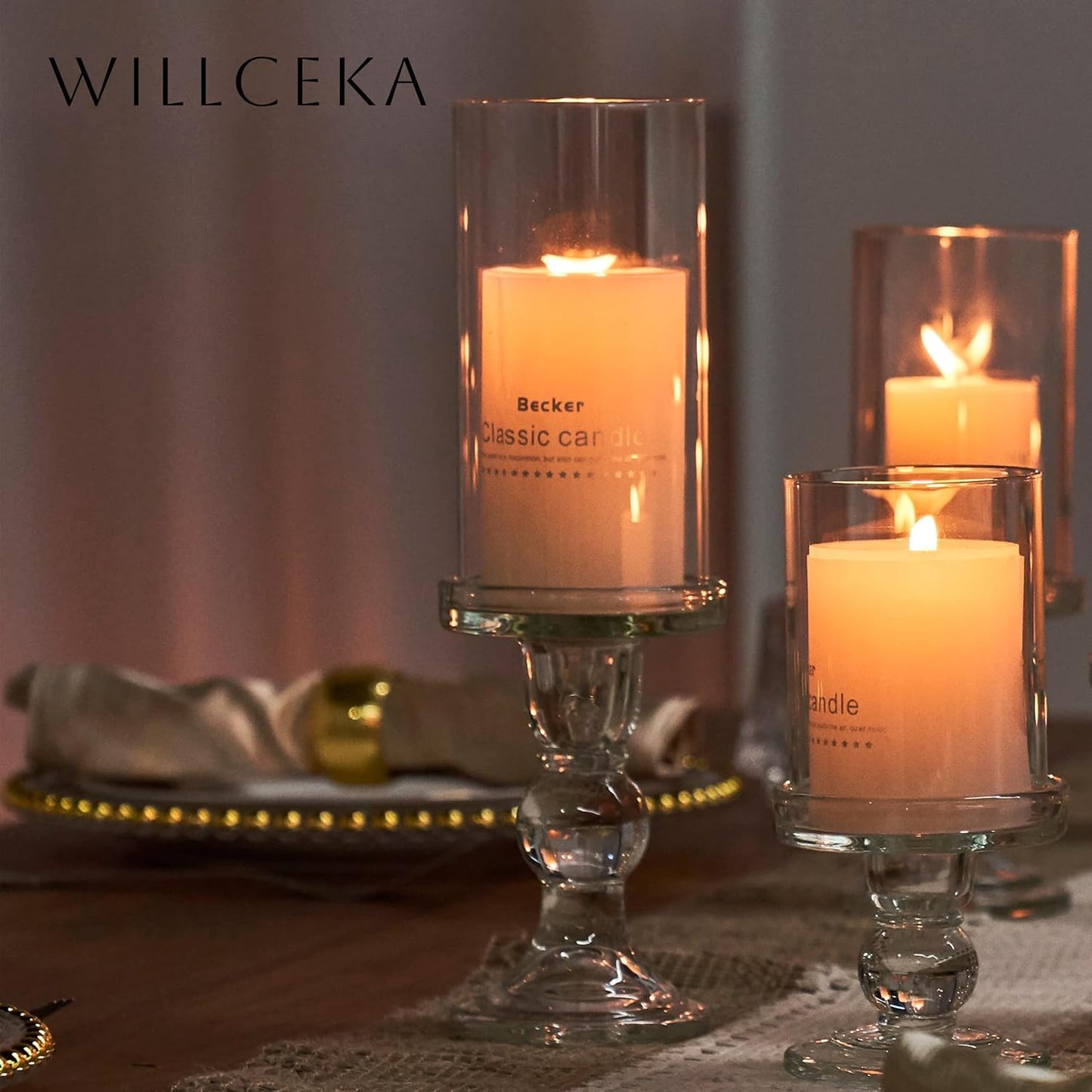 Skiennix Clear Candle Holder Set - 3 Pcs Glass Pillar Holders for Taper Candles | Elegant Design