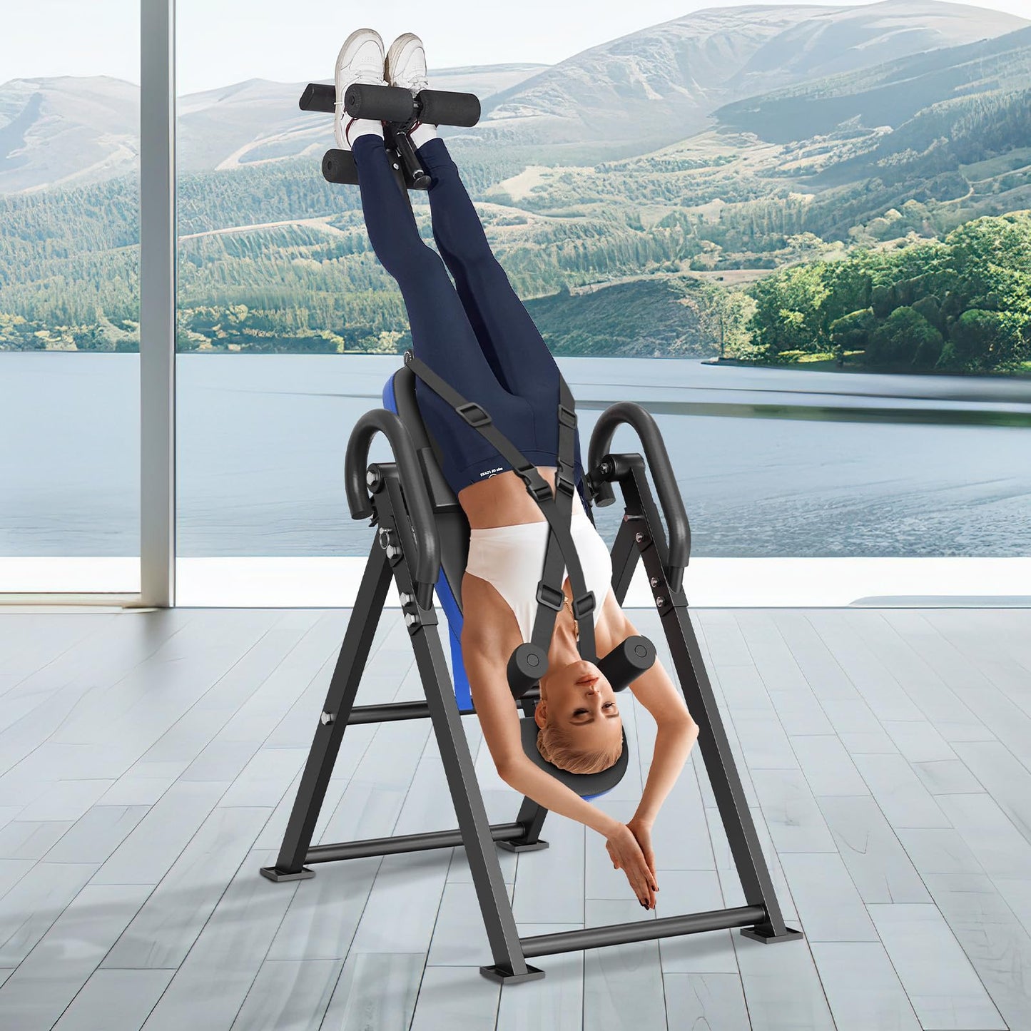 VEVOR Inversion Table, 300 lbs Capacity Heavy Duty Inversion Table, Decompression Back Stretcher Machine, Strength Training Equipment with Headrest, Ankle Lock, Adjustable Protective Belt, Blue/Black