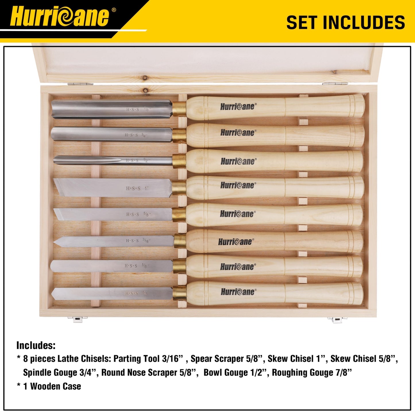 HURRICANE 8pc Wood Lathe Chisel Set, M2 HSS Wood Turning Tools with 10" Solid Hardwood Handles, Lathe Tool Kit for Beginners and DIY Hobbyists, Includes Protective Wooden Box