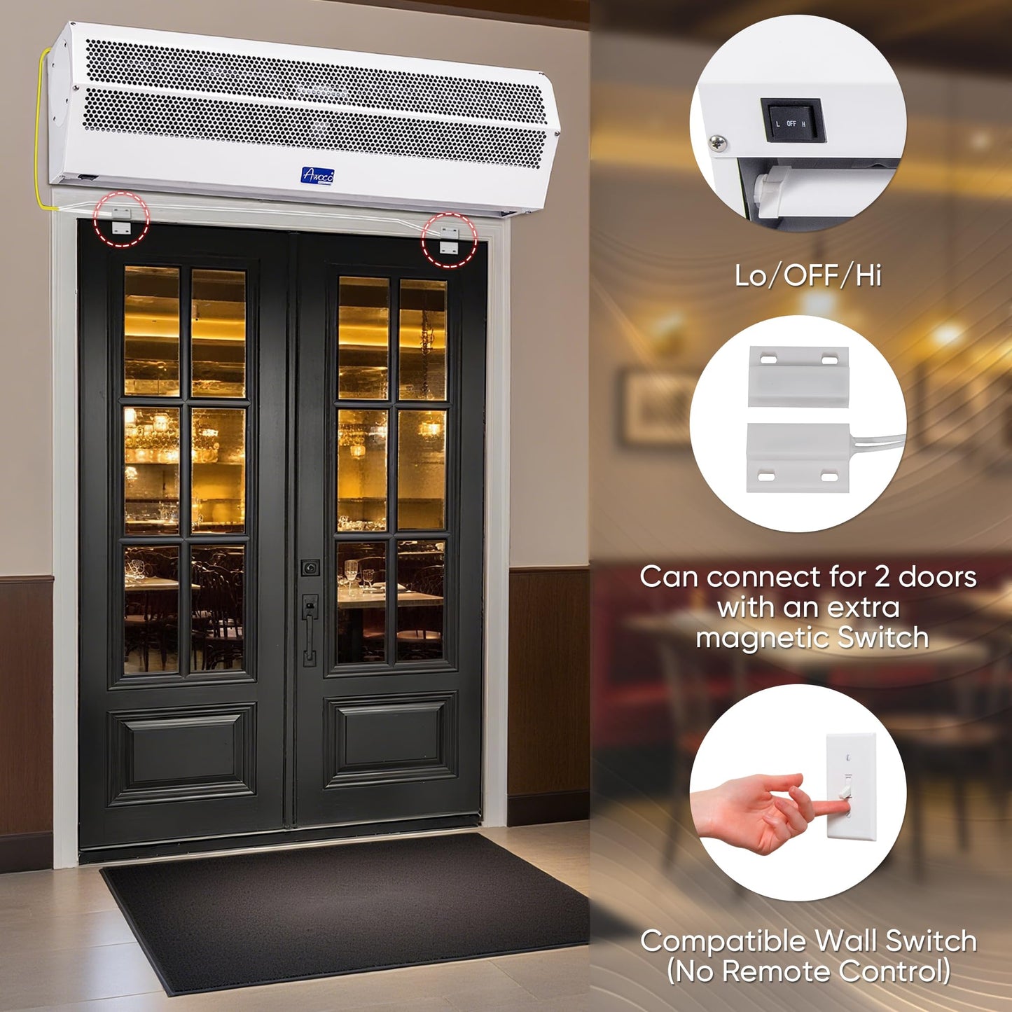 Awoco 42" Super Power 2 Speeds 1350CFM Commercial Indoor Air Curtain, UL Certified, 120V Unheated - Free Door Switch