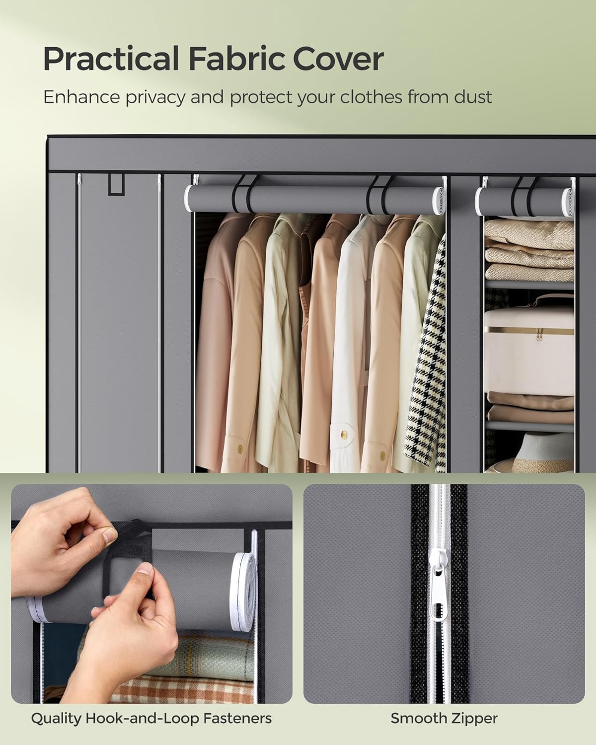 SONGMICS Portable Closet Wardrobe - Non-Woven Fabric Cover Clothes Organizer, 59 x 17.7 x 69 Inches, Gray