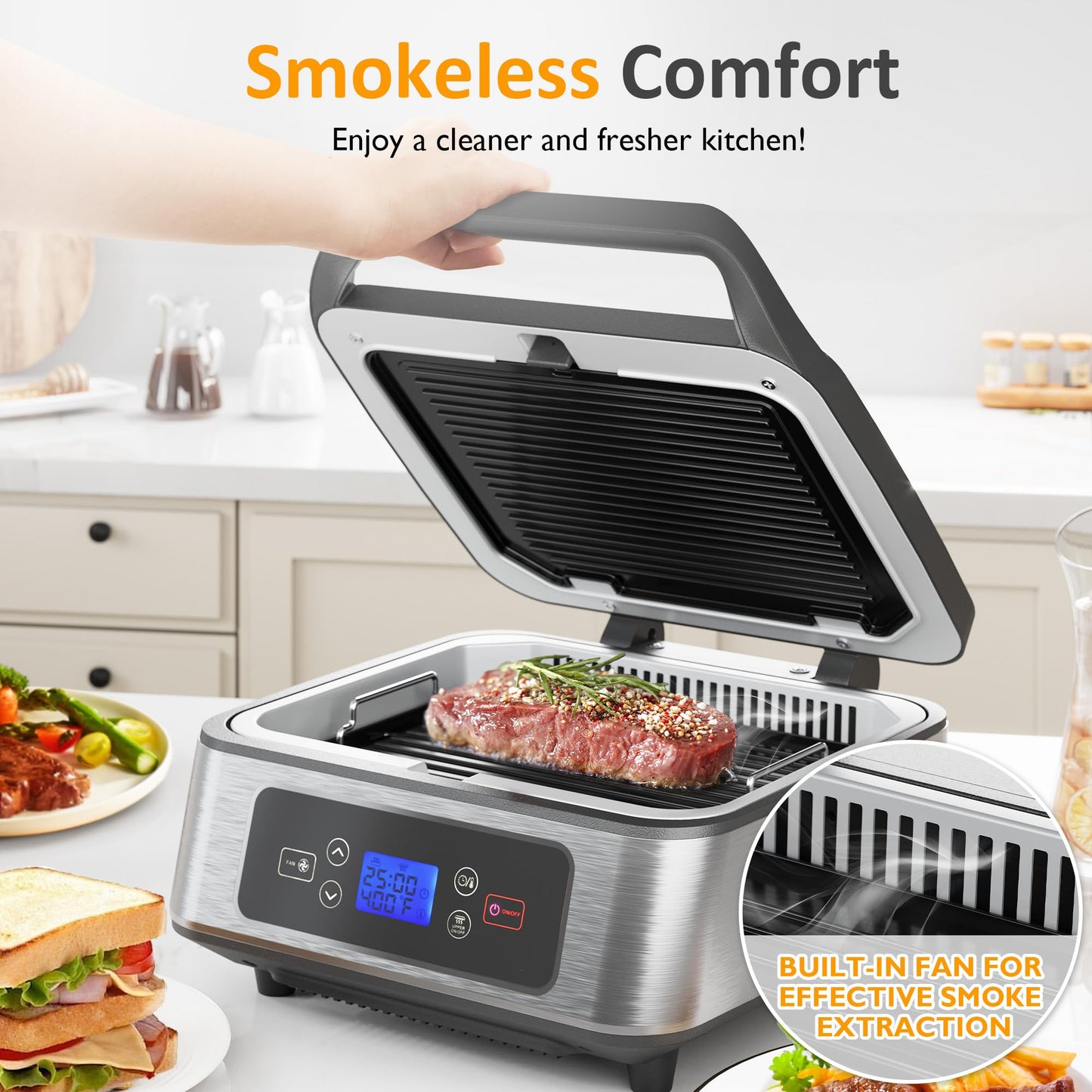 Sunvivi Indoor Grill, 1300W Smokeless Grill Indoor with Auto-Lift, Electric Griddle Nonstick with Removable Plates, Independent Upper Heating, Smart Time & Temperature Control, Easy to Clean and Store