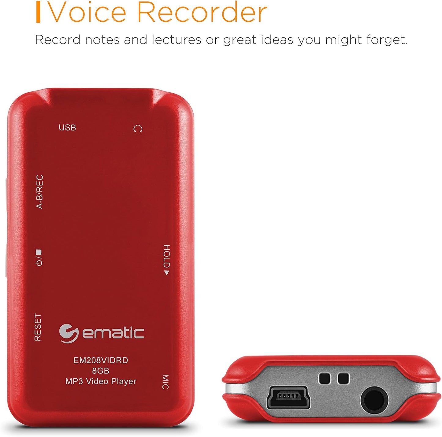 Ematic 8GB MP3 1.5-inch Video Player with FM Tuner/Recorder and Color Screen, Red
