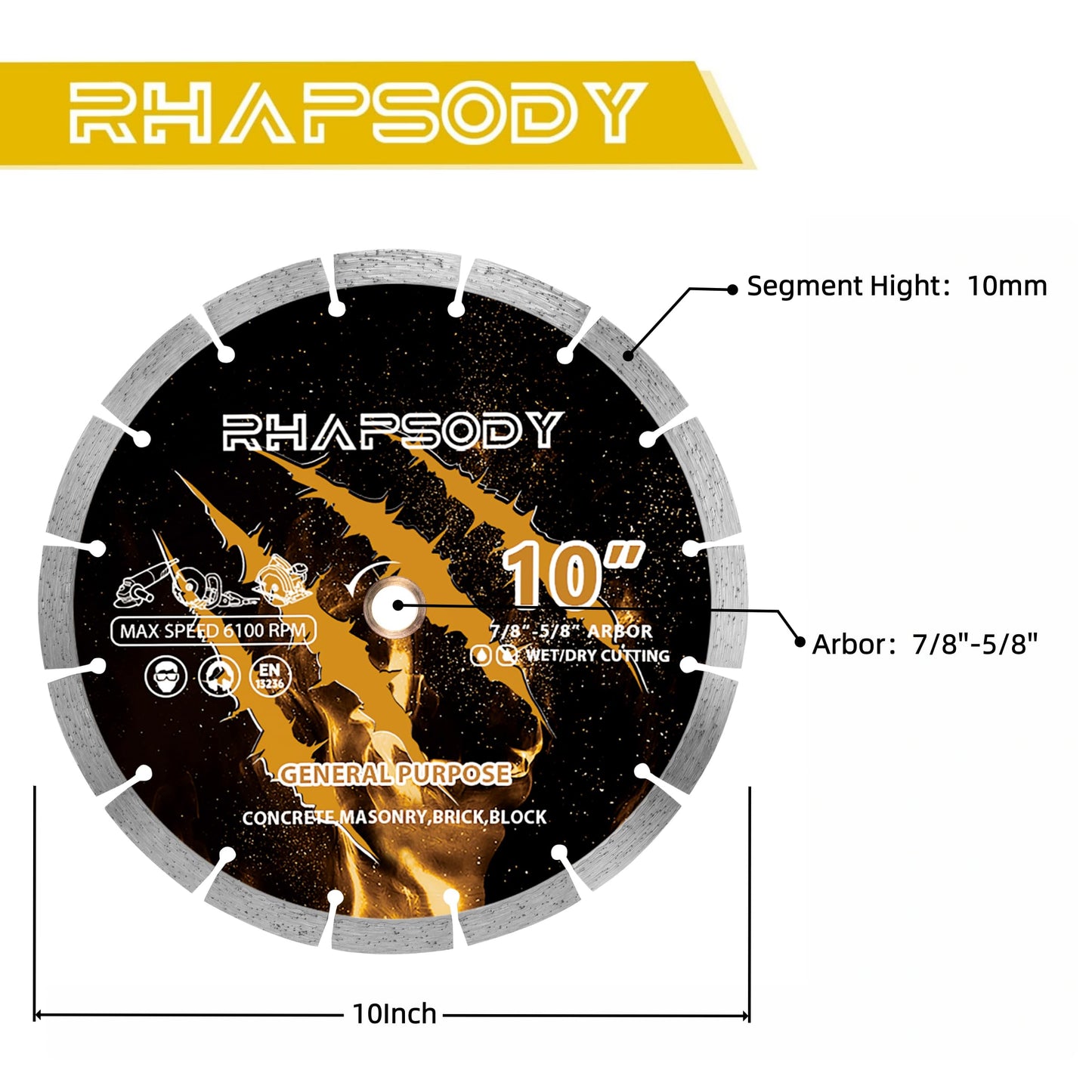 RHAPSODY 10 Inch Diamond Saw Blade 2Pcs, Segmented General Purpose Blade Dry/Wet Cutting Concrete, Masonry, Brick, Block, Paver 7/8"-5/8" Arbor