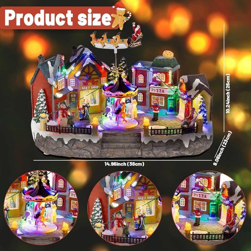 Animated Christmas Village Scene - Santa Sleigh, LED Lights & Rotating Carousel | Musical Holiday Town Square Display