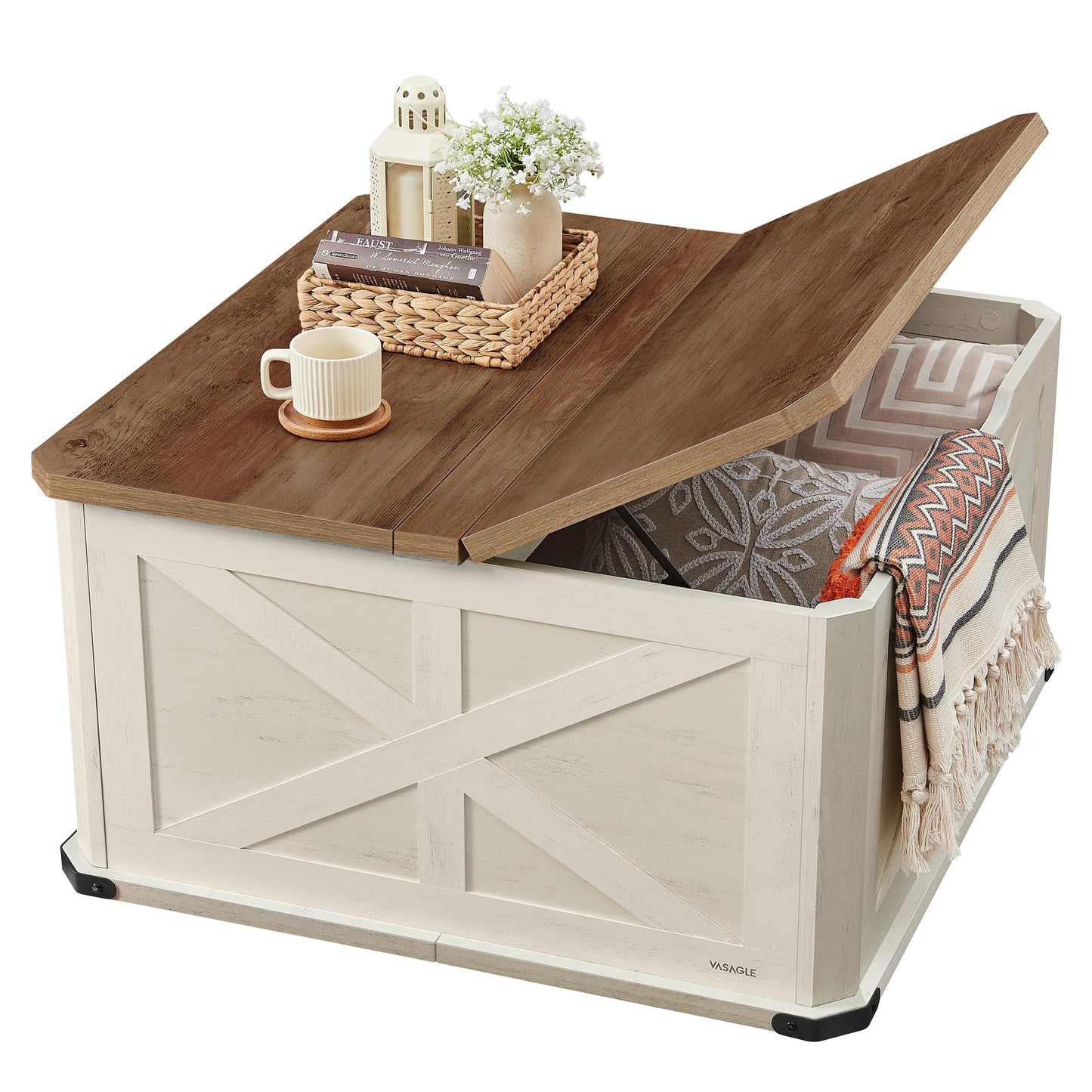 VASAGLE LIRY Collection - Farmhouse Coffee Table with Storage, Square Center Coffee Table for Living Room, with Hidden Compartment, Flip-Top Lids, Honey Brown and Rustic White ULCT232W73