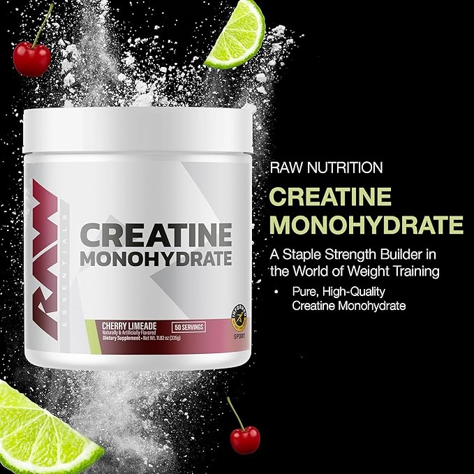RAW Nutrition Creatine Monohydrate Powder, Cherry Limeade (30 Servings) - Micronized Creatine Monohydrate Supplement for Workout Performance, Build Muscle & Strength - Creatine Powder for Men & Women