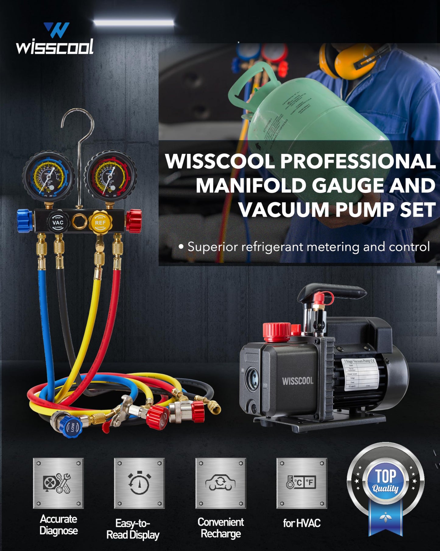Wisscool 4.5cfm AC Vacuum Pump 4 Way Gauge Set, 110V 1/3 hp HVAC Air Vacuum Pump Manifold Gauge Kit with 4 Hoses Adapters Accessories Carry Bag for R410a R134a R22 Refrigeration Recharging