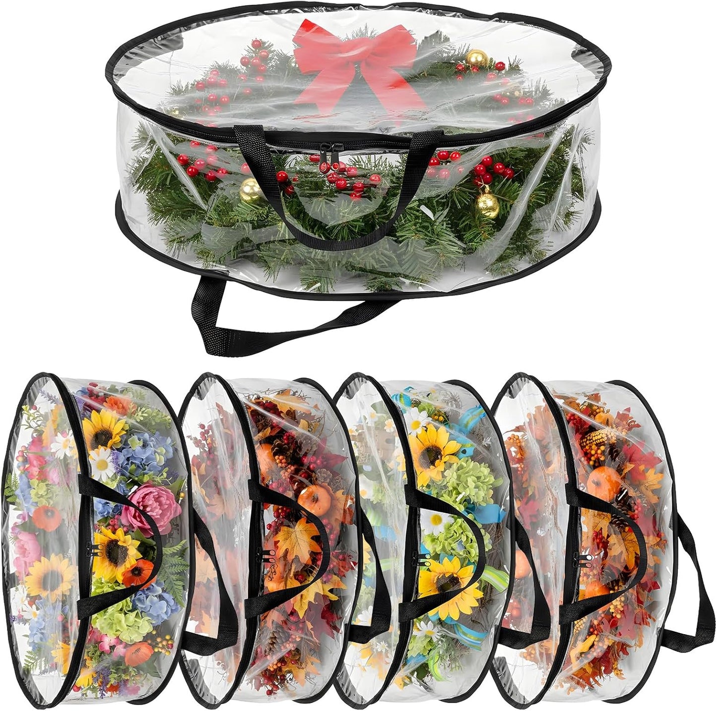 Regine Switzerland Wreath Storage Bags - 5 Pcs Waterproof PVC Containers for 24 x 8 Inch Christmas Wreaths | Black
