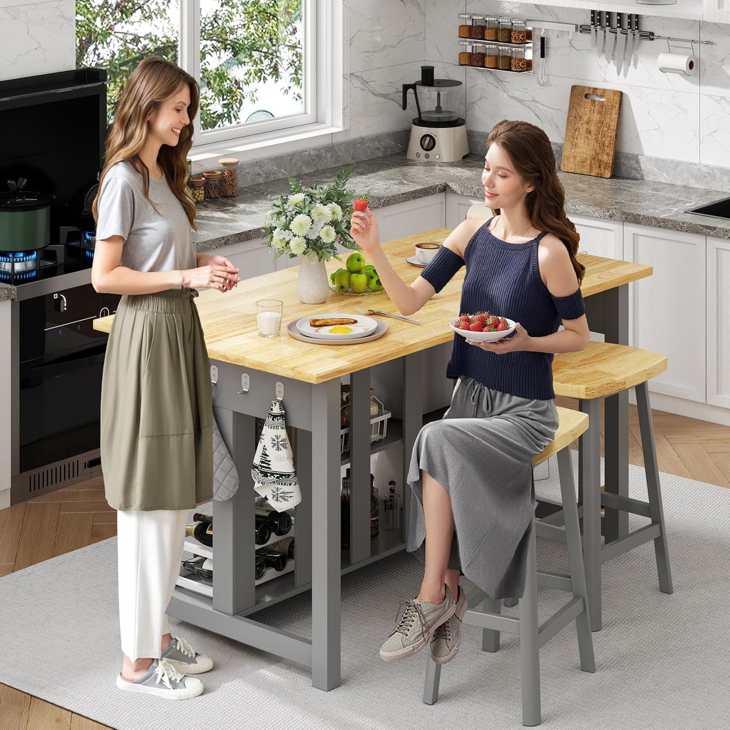 DynJest 47.3" Solid Rubberwood Kitchen Island with Power Outlets - Extra Large Work Surface, 2 Drawers & Open Shelves Storage Cabinet for Kitchen Dining Room, Farmhouse Style (Grey)