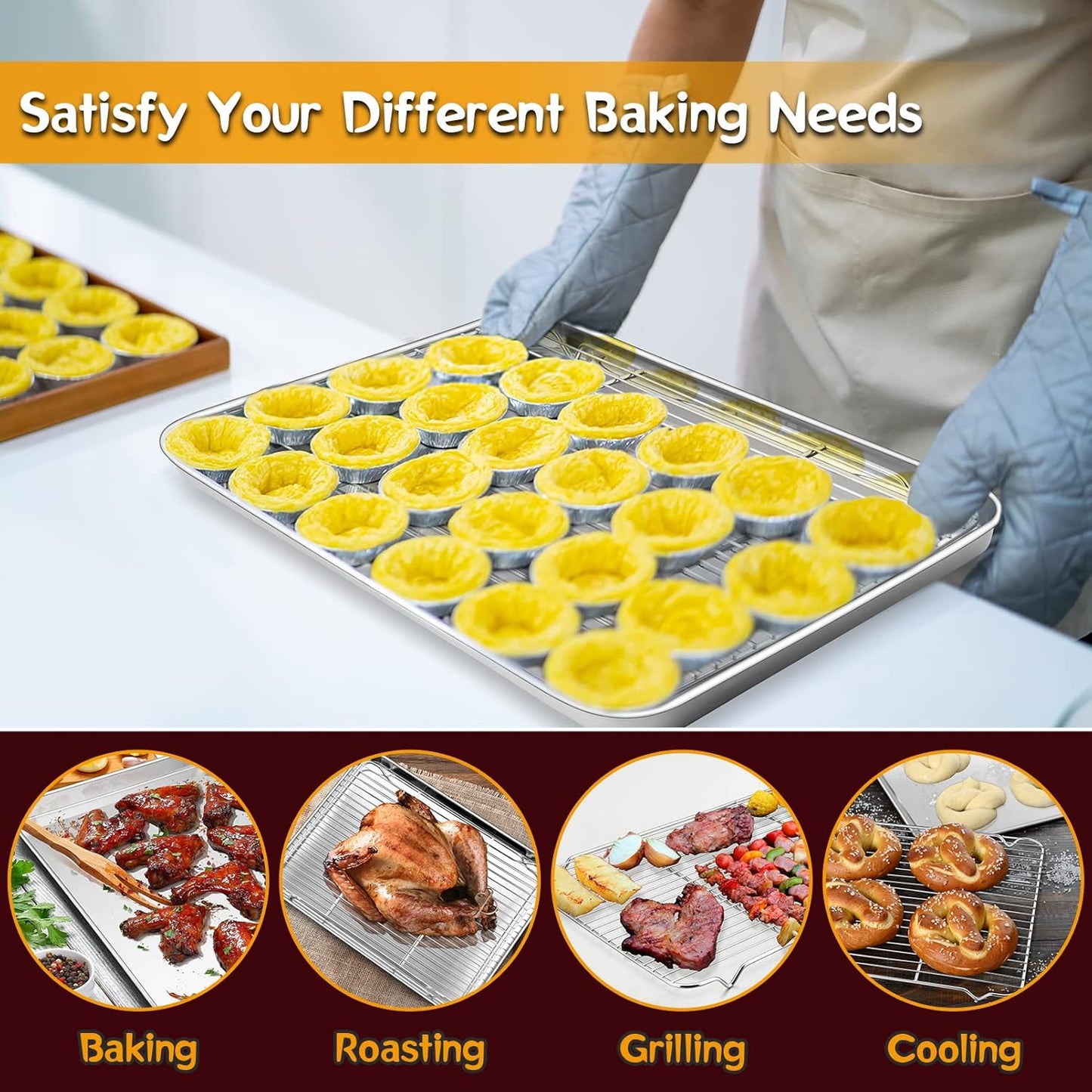P&P CHEF 17.5 Inch Stainless Steel Baking Sheet Set - 2 Pans & Racks for Cookies | Oven & Dishwasher Safe
