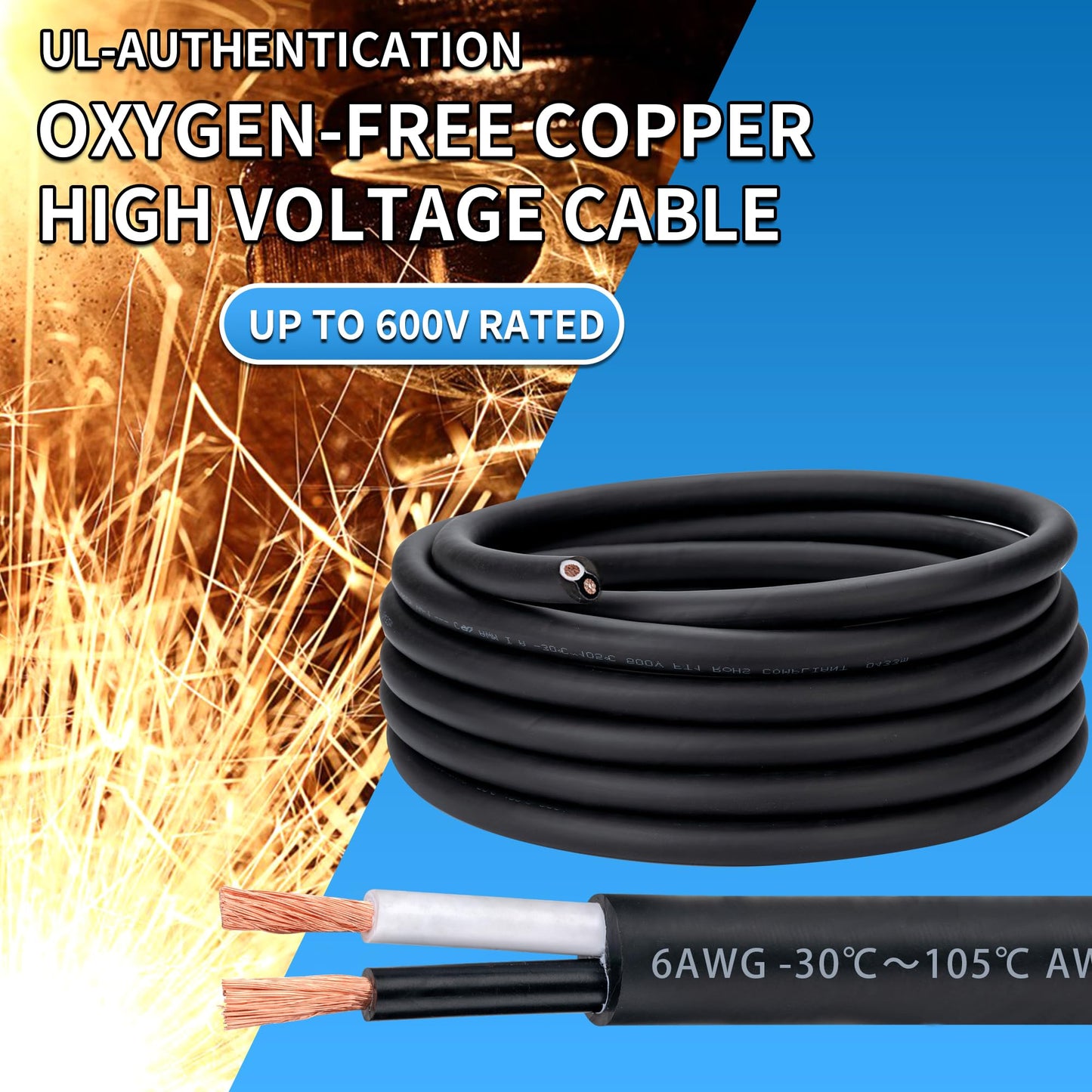 6 Awg 2 Wire Cable 100FT 600V 6 Gauge 2 Conductor Electrical Wire for Motor Leads, Portable Lights, Battery Chargers, Machinery, Large Speakers (6AWG-2C, 100FT)