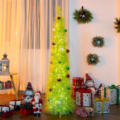 BrilliantJo 5ft Christmas Tree - Collapsible Tinsel Design with Light Balls & Ornaments | Fruit Green Holiday Decor