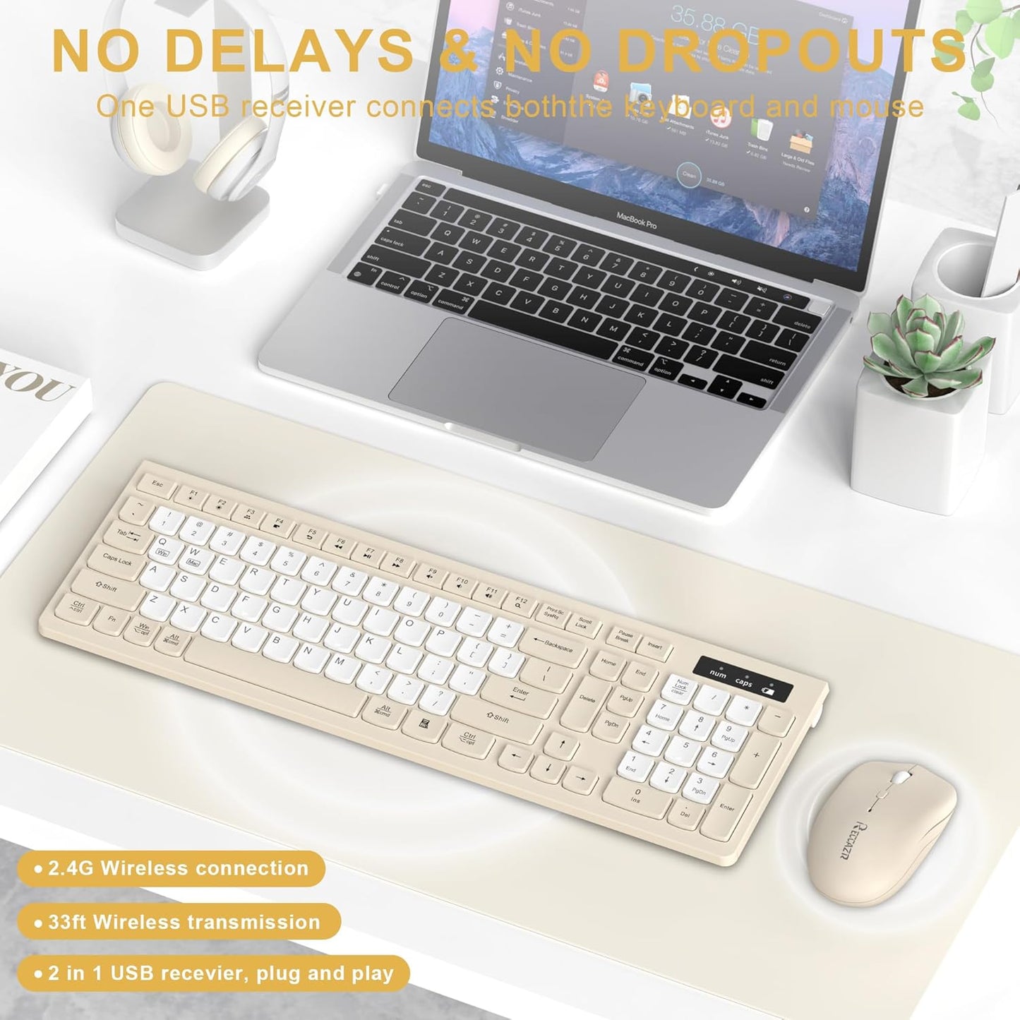 RECCAZR 2.4GHz Silent Wireless Keyboard and Mouse Combo, Full-Sized Wireless Keyboard and Adjustable DPI Mouse, USB