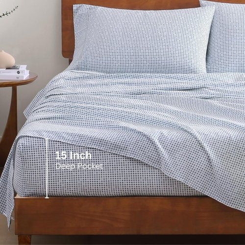 **LANE LINEN Eco-Friendly 100% Organic Cotton Queen Bed Sheets Set - Soft Polka Dot Design with 15" Deep Pockets**