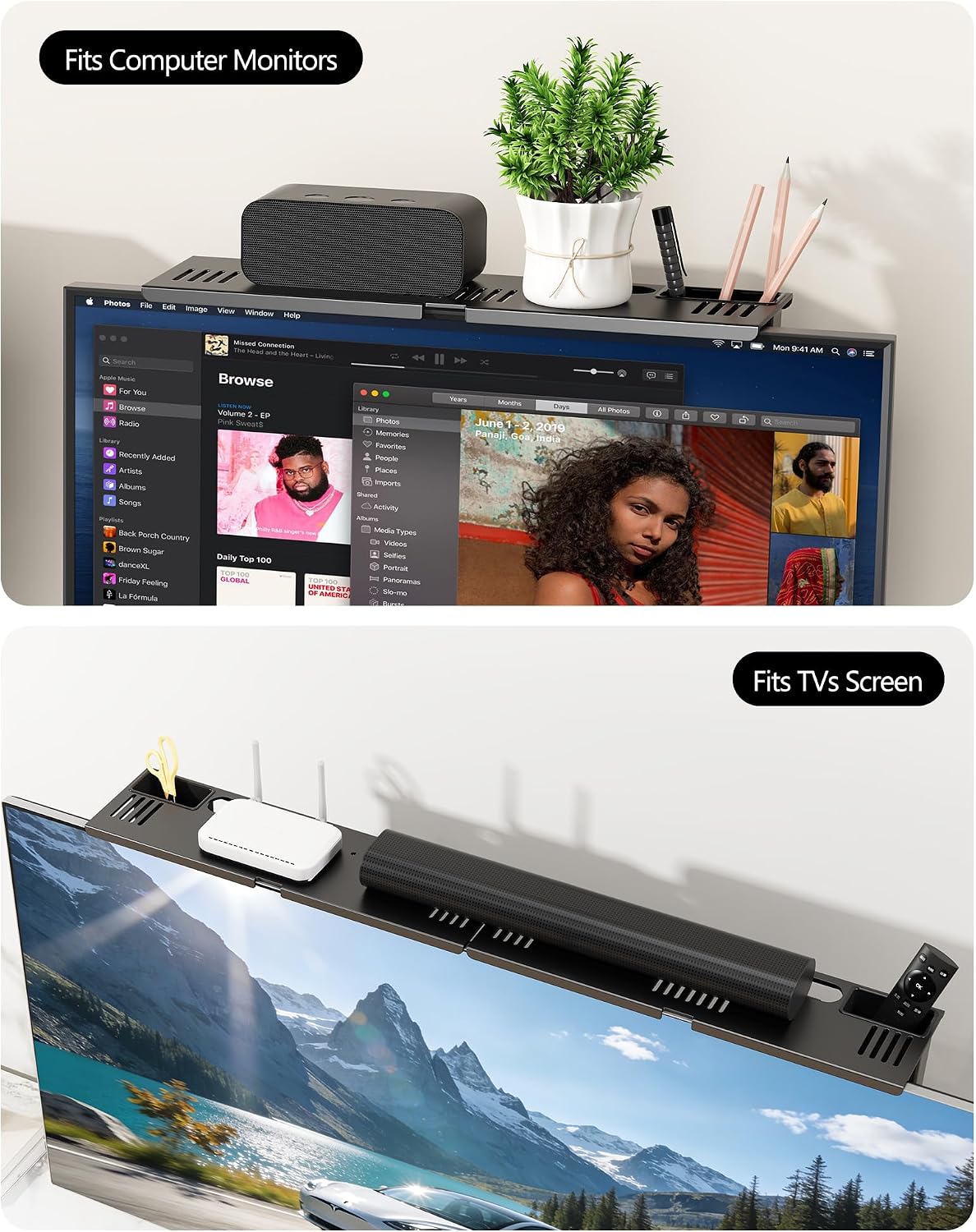 CUISIBOT 15 lbs, (33.8") Soundbar Mount, No Drilling Steel TV Top Shelf with Storage Boxes, Sound bar Mount up