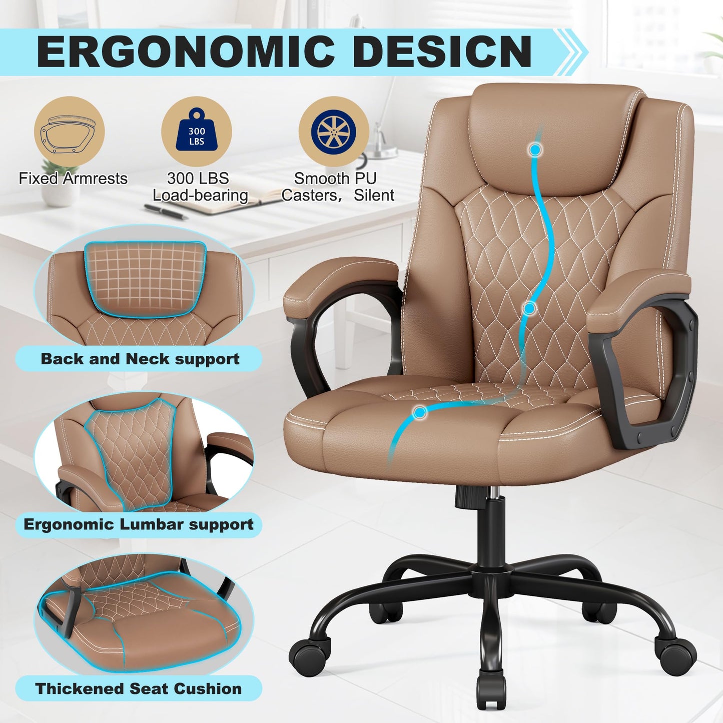 Misolant Office Chair, Executive Desk Chair, PU Leather Comfortable Ergonomic Chairs with Fixed Armrest, Adjustable Height, Rocking Function, 360° Swivel Wheels, Brown
