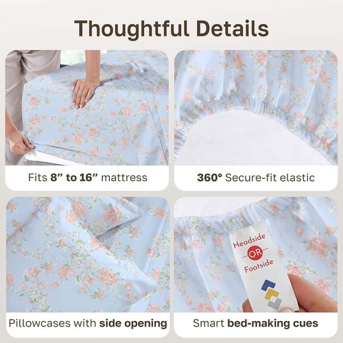 California Design Den King Size Bed Sheets Set - 400 TC Soft Cotton, Smooth Sateen Finish, Deep Pockets - Floral Blue/Pink