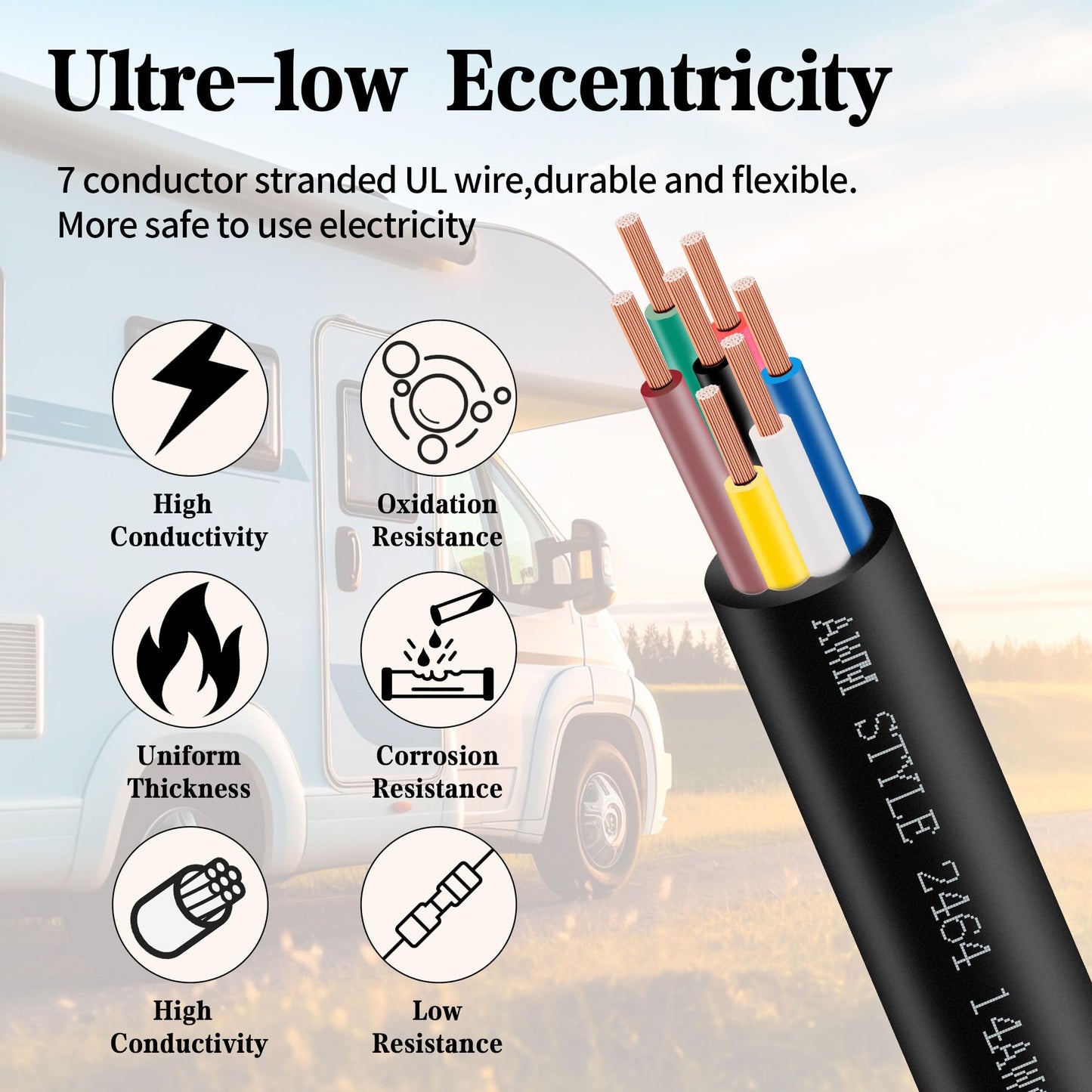 Lesnlok 7 Way Trailer Wire 100 FT Heavy Duty Pure Copper 14/7 Wire 14 Gauge 7 Conductor Wiring Extension Cable Insulated Cable for Rv Trailer and Automotiv (14AWG-7C, 100FT)