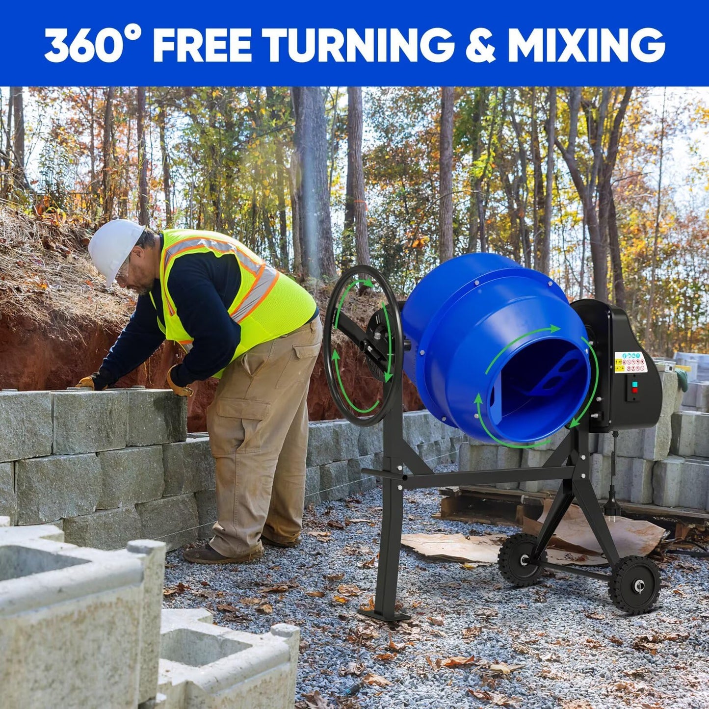 Dkenicor Electric Cement Mixer, 4.3 Cu.Ft. 450W 3/5HP Portable Concrete Mixer Machine with Wheels & Stand Steel for Stucco, Mortar, Feed Mixing, Ideal for Construction & Farm Use, Blue