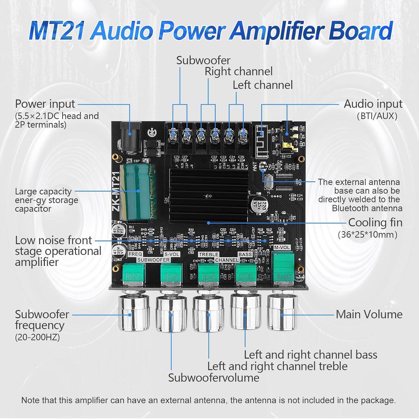 5.0 ZK-MT21 2.1 50W 2 +100W (20-100W, 4-8), 12-24V, Bluetooth Audio Amplifier Board, Channel X Mini Subwoofer Power Amp
