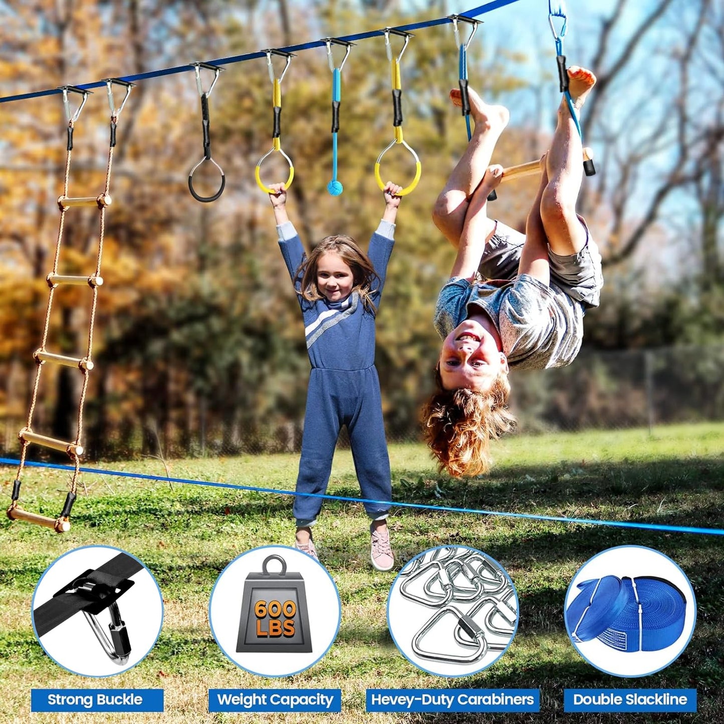 Ninja Warrior Obstacle Course for Kids,2×56ft Slackline Kit with 8 Ninja Accessories+Fast-Setup Buckles- Monkey Bar,Rope Ladder,Gymnastic Ring,Arm Trainer and Monkey Fist,Supports 880 lbs
