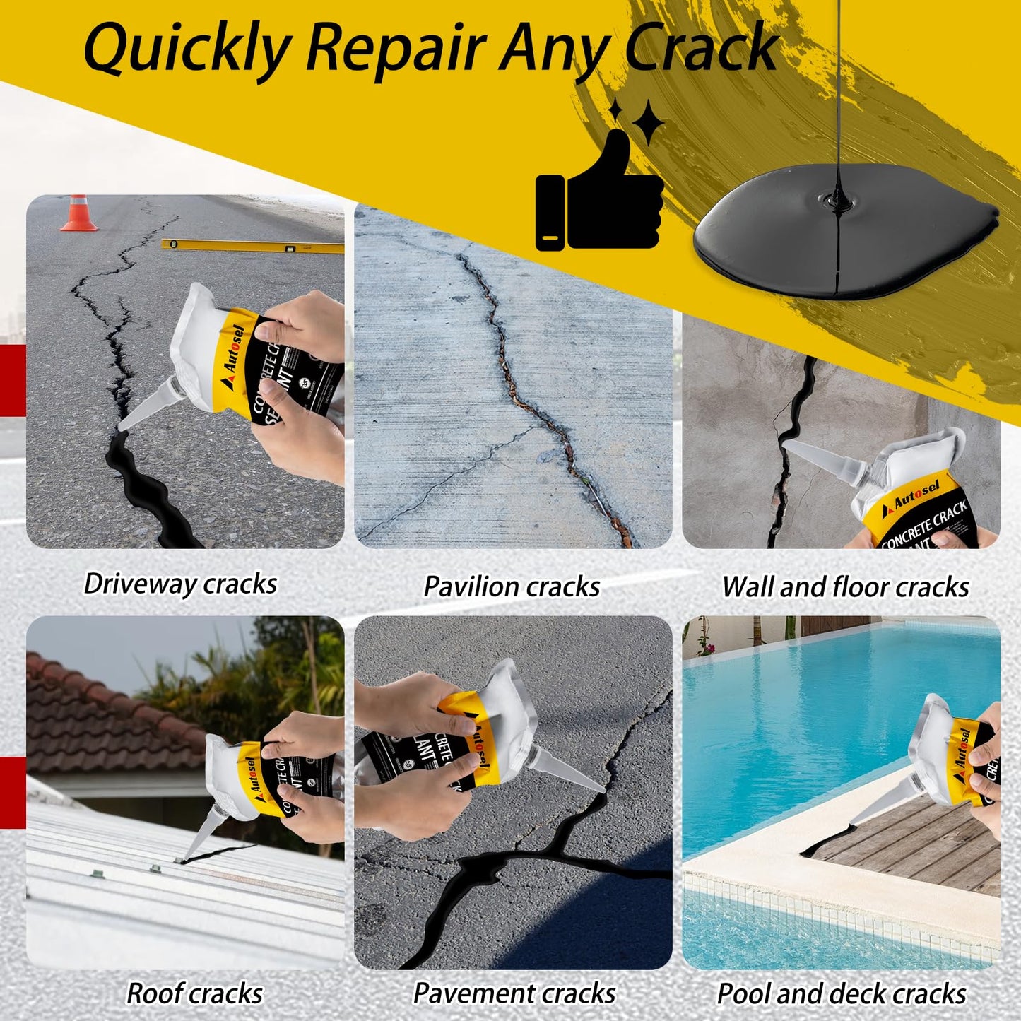 6 Pack Concrete Repair Filler – Heavy-Duty Cement Crack Filler for Large Concrete Repairs, Foundation & Driveway Restoration | Outdoor & Indoor Use | Quick-Drying, Self-Leveling Sealant by Autosel