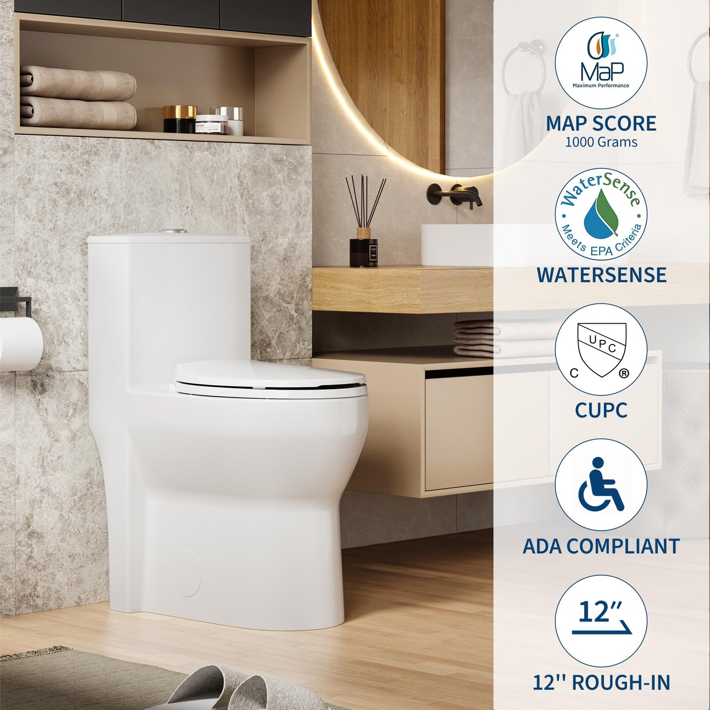 One Piece Toilet with 19" ADA Height, Round Bowl Design, Soft Closing PP Toilet Cover, Easy Clean Surface, Water Efficient Flush