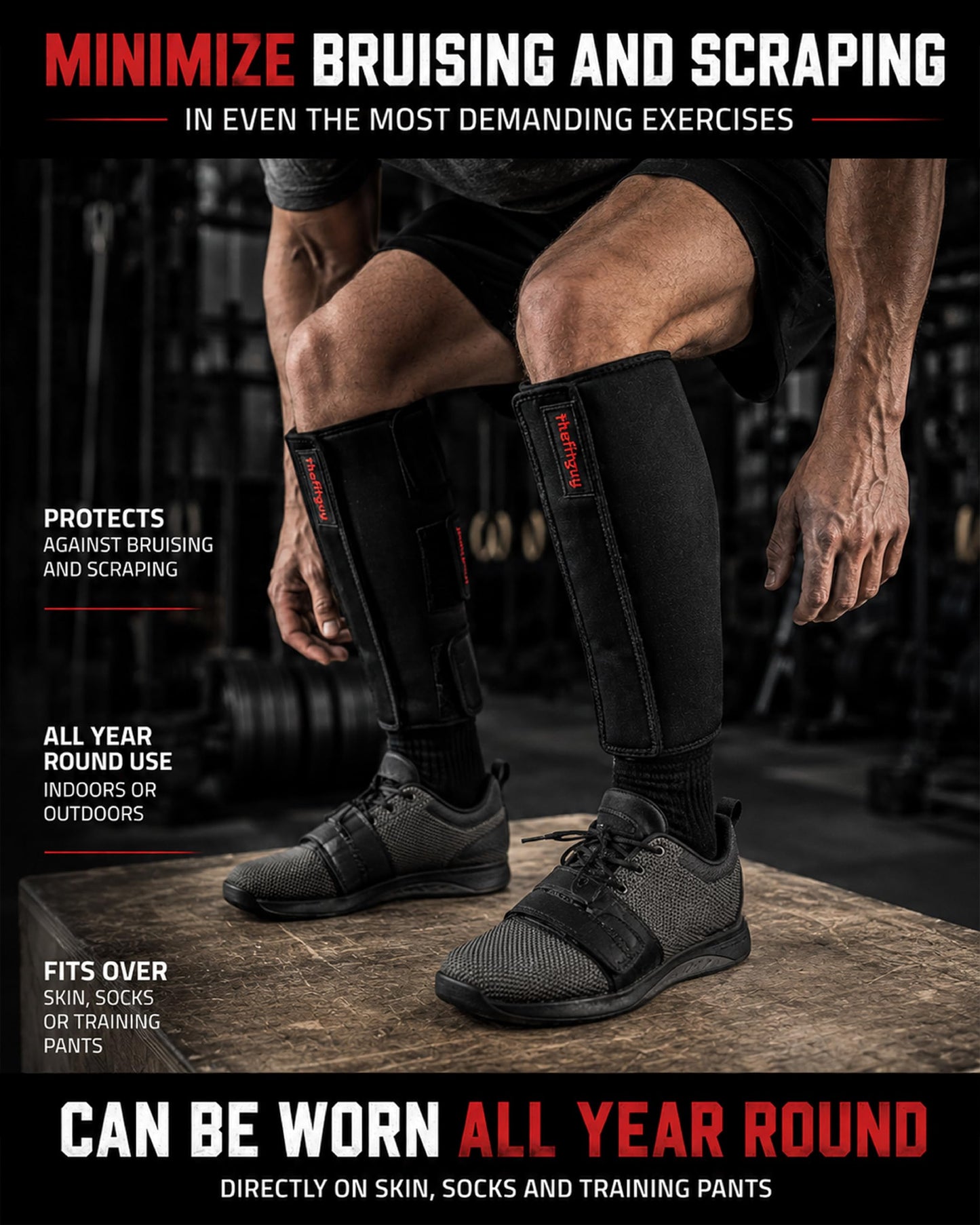 THEFITGUY Ultra Weightlifting Shin Guards | 10mm Shock-Absorbing Front Projection | Detachable Straps | Easy On-Off | 2 Extra Straps Included | For Deadlifts, Snatches, Cleans, Cross-Training and More