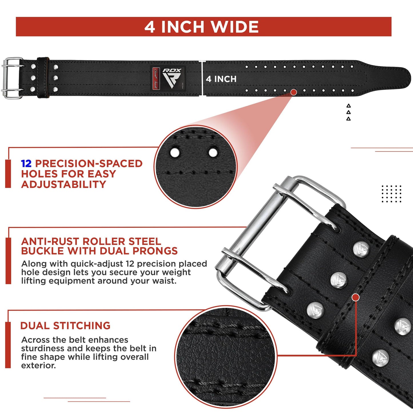 RDX Weight Lifting Belt for Men Women, IPL USPA Approved, 6mm Thick 100% Leather, 4” Powerlifting Back Support, Squat Deadlift Bodybuilding Exercise Fitness Gym Workout Strength Training up to 700 LBS