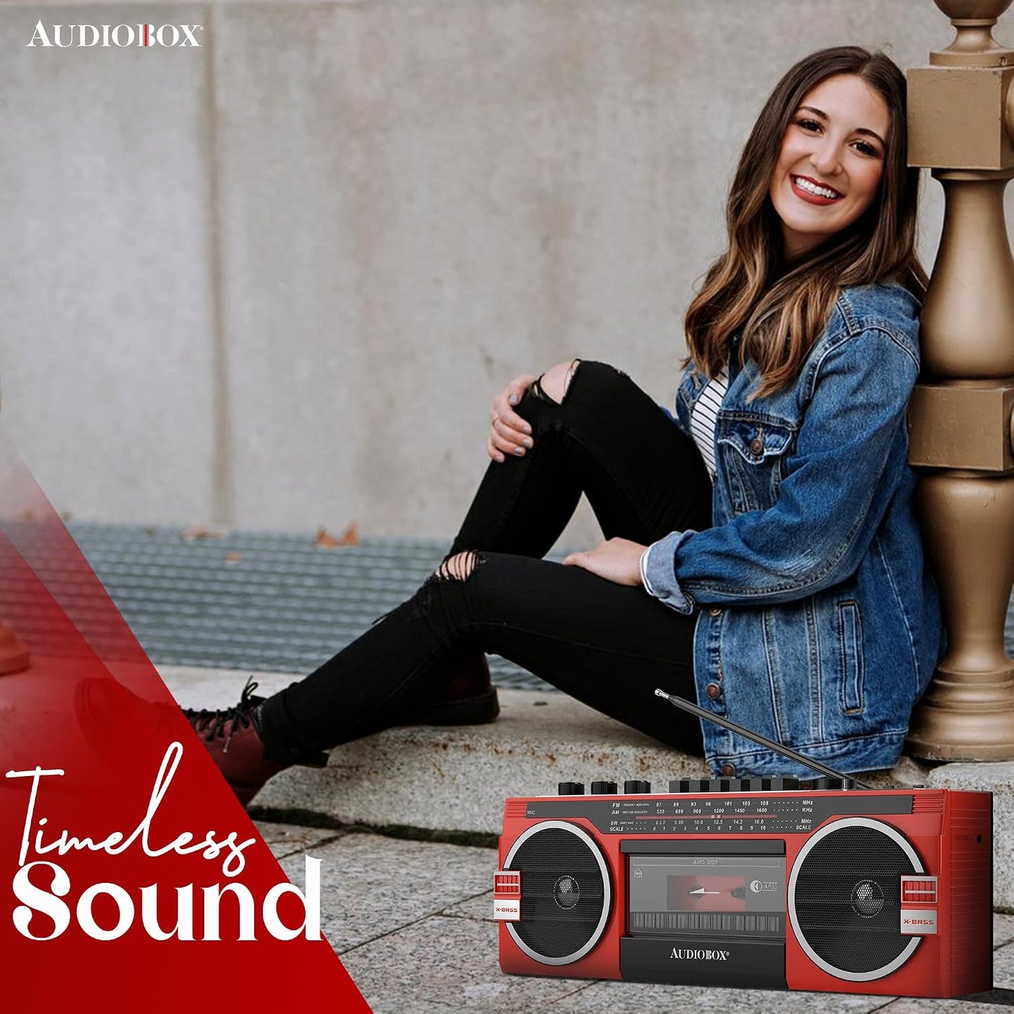 Audiobox 2 MP3 Cassette 3.5mm Retrobox Bluetooth Boombox Speaker - Way Boombox System with AM/FM/SW Radio, Playback